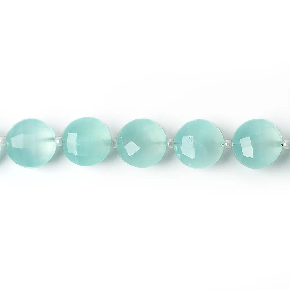 10mm Sea Blue Chalcedony faceted coin beads 8 inch 12 pieces A