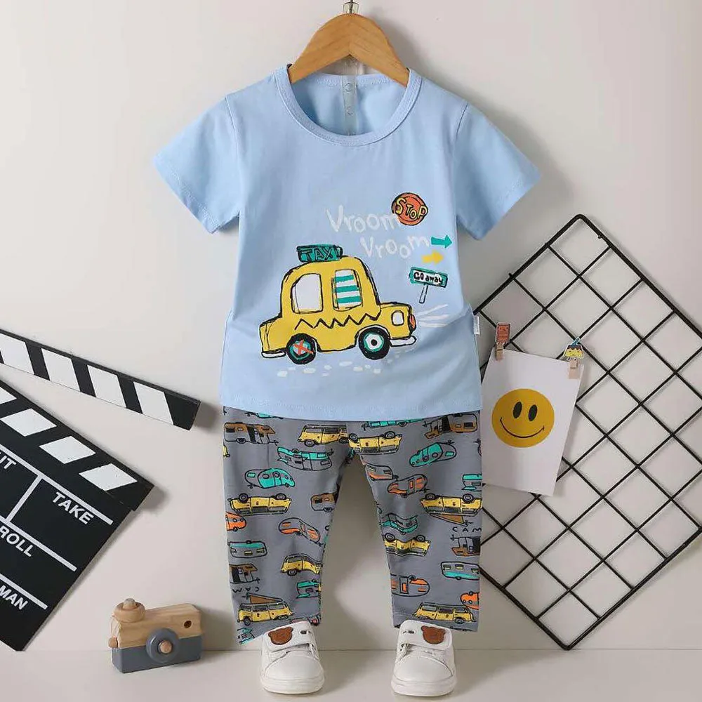 2 Piece Set Car Print Vroom Vroom Sky Blue  1843