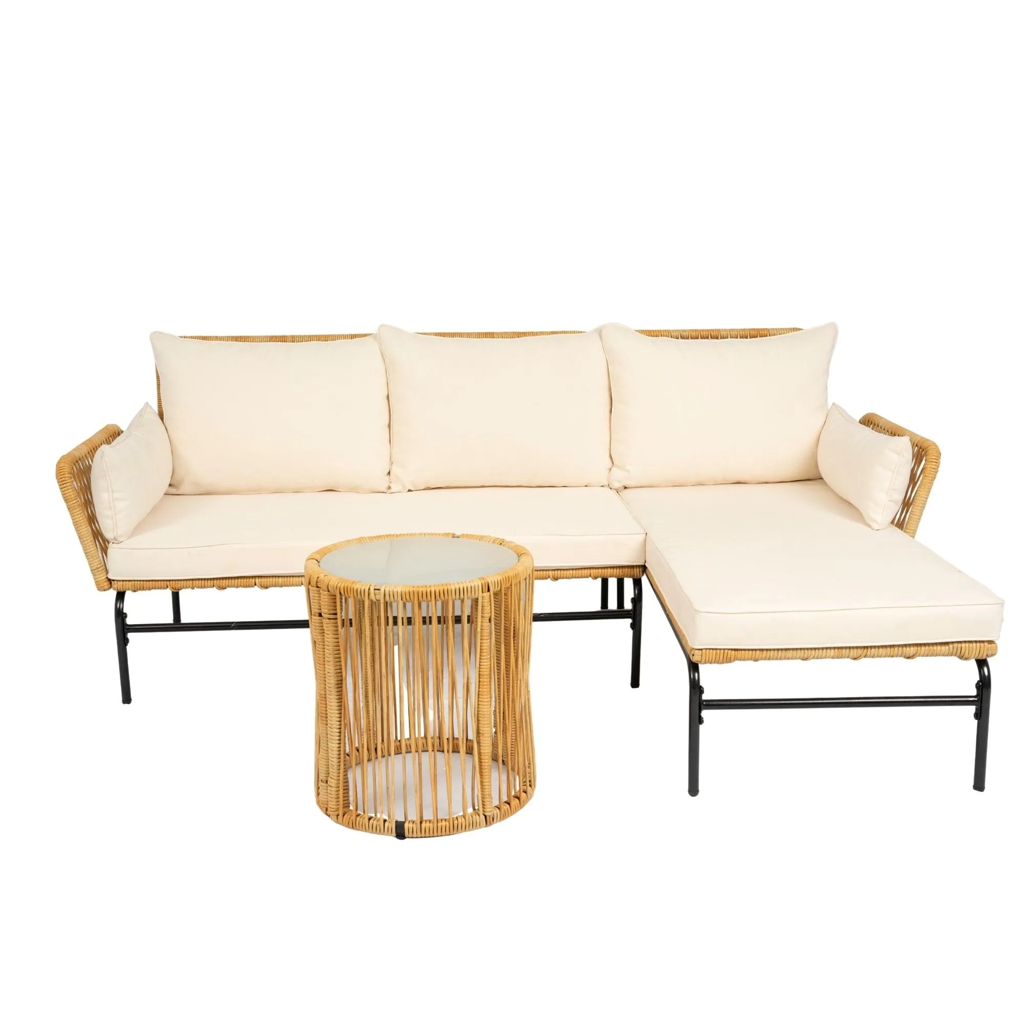 3-Piece Outdoor Patio Wicker Furniture Set, Natural Yellow Wicker with Creme Cushions, 3.15" Thick