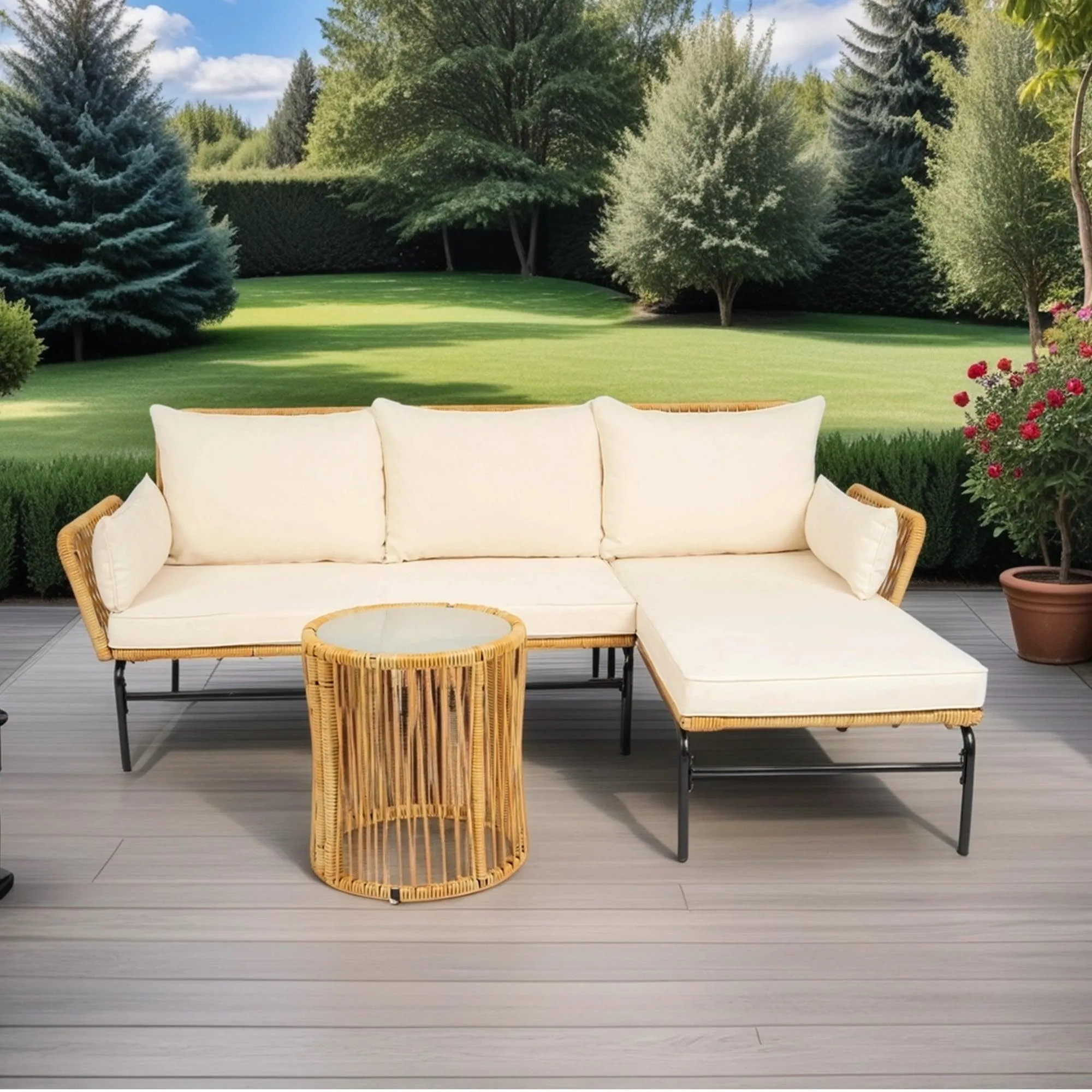 3-Piece Outdoor Patio Wicker Furniture Set, Natural Yellow Wicker with Creme Cushions, 3.15" Thick