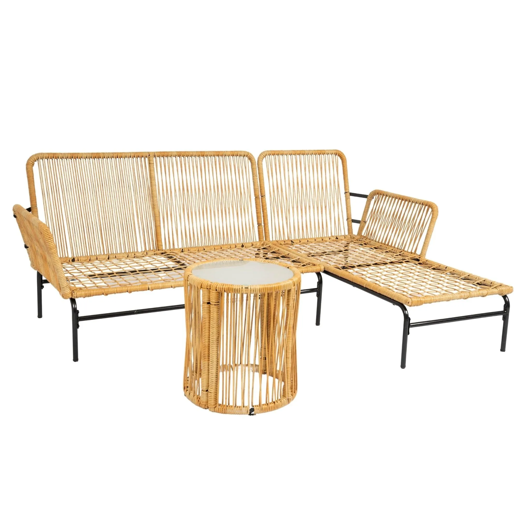 3-Piece Outdoor Patio Wicker Furniture Set, Natural Yellow Wicker with Creme Cushions, 3.15" Thick