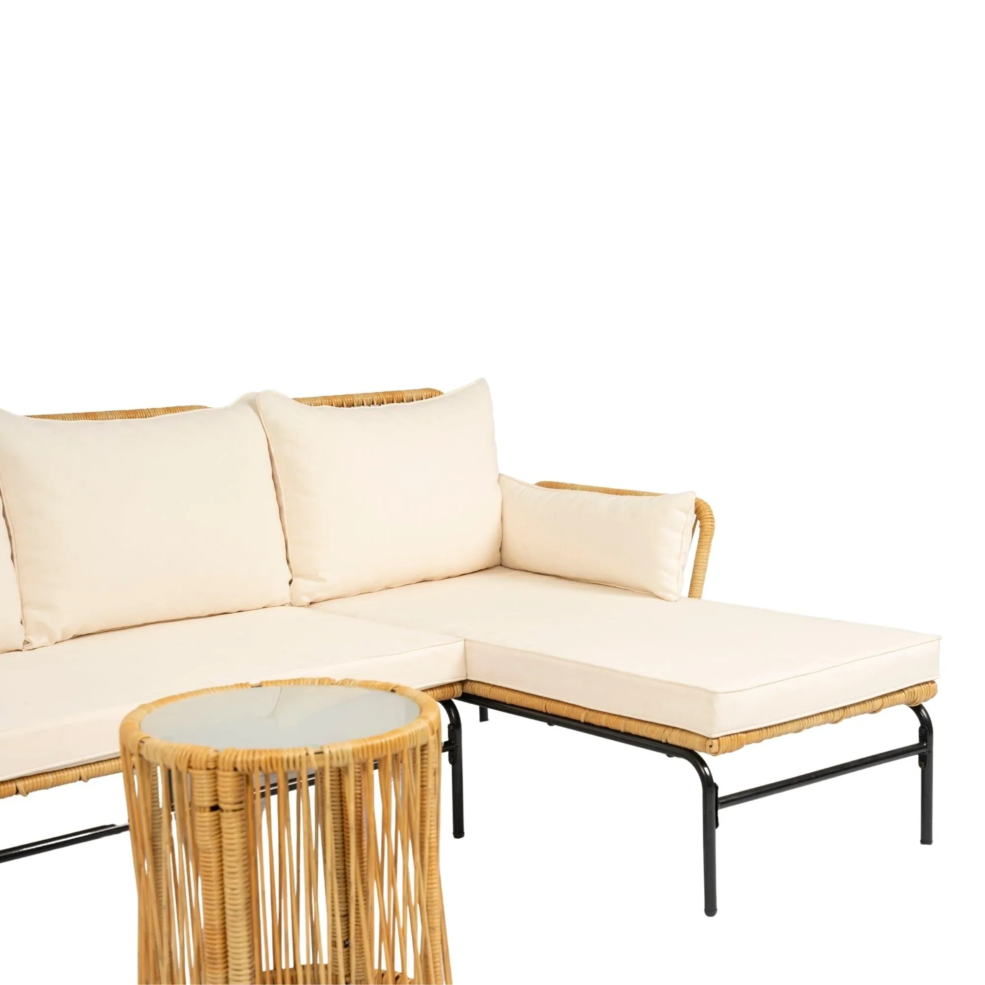 3-Piece Outdoor Patio Wicker Furniture Set, Natural Yellow Wicker with Creme Cushions, 3.15" Thick