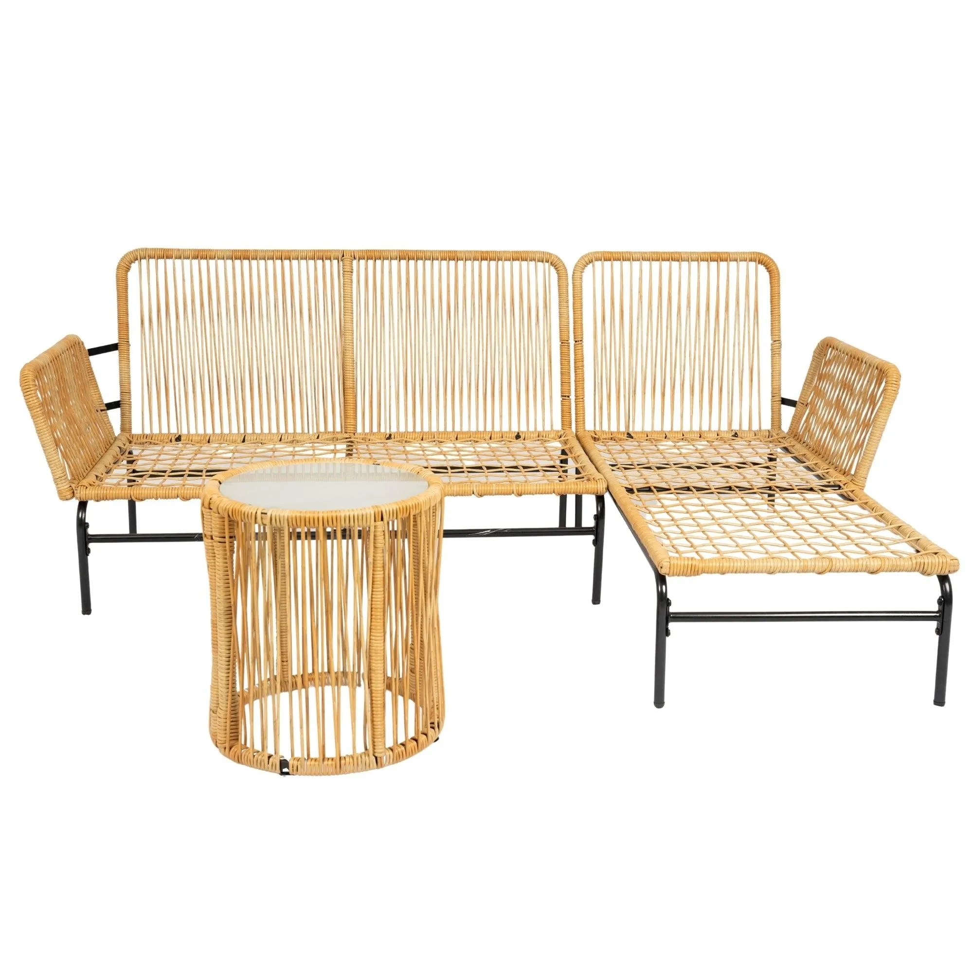 3-Piece Outdoor Patio Wicker Furniture Set, Natural Yellow Wicker with Creme Cushions, 3.15" Thick