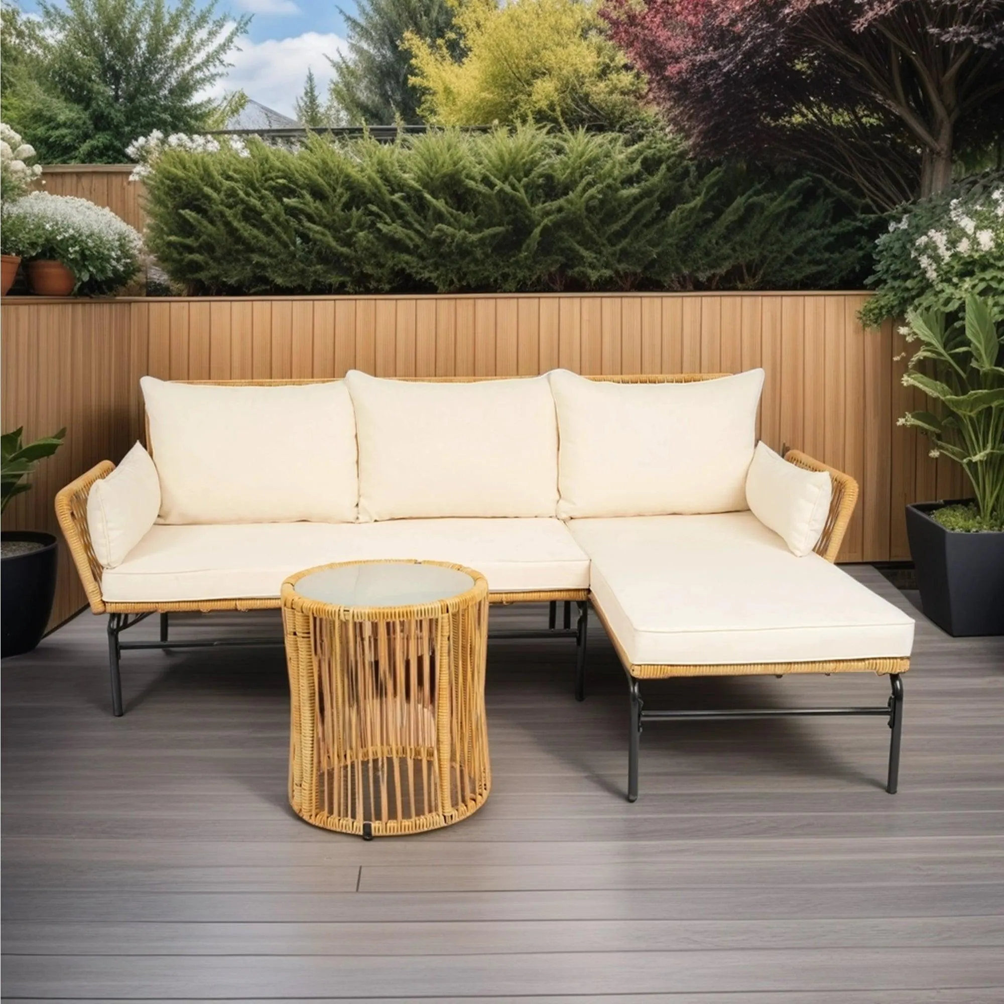 3-Piece Outdoor Patio Wicker Furniture Set, Natural Yellow Wicker with Creme Cushions, 3.15" Thick