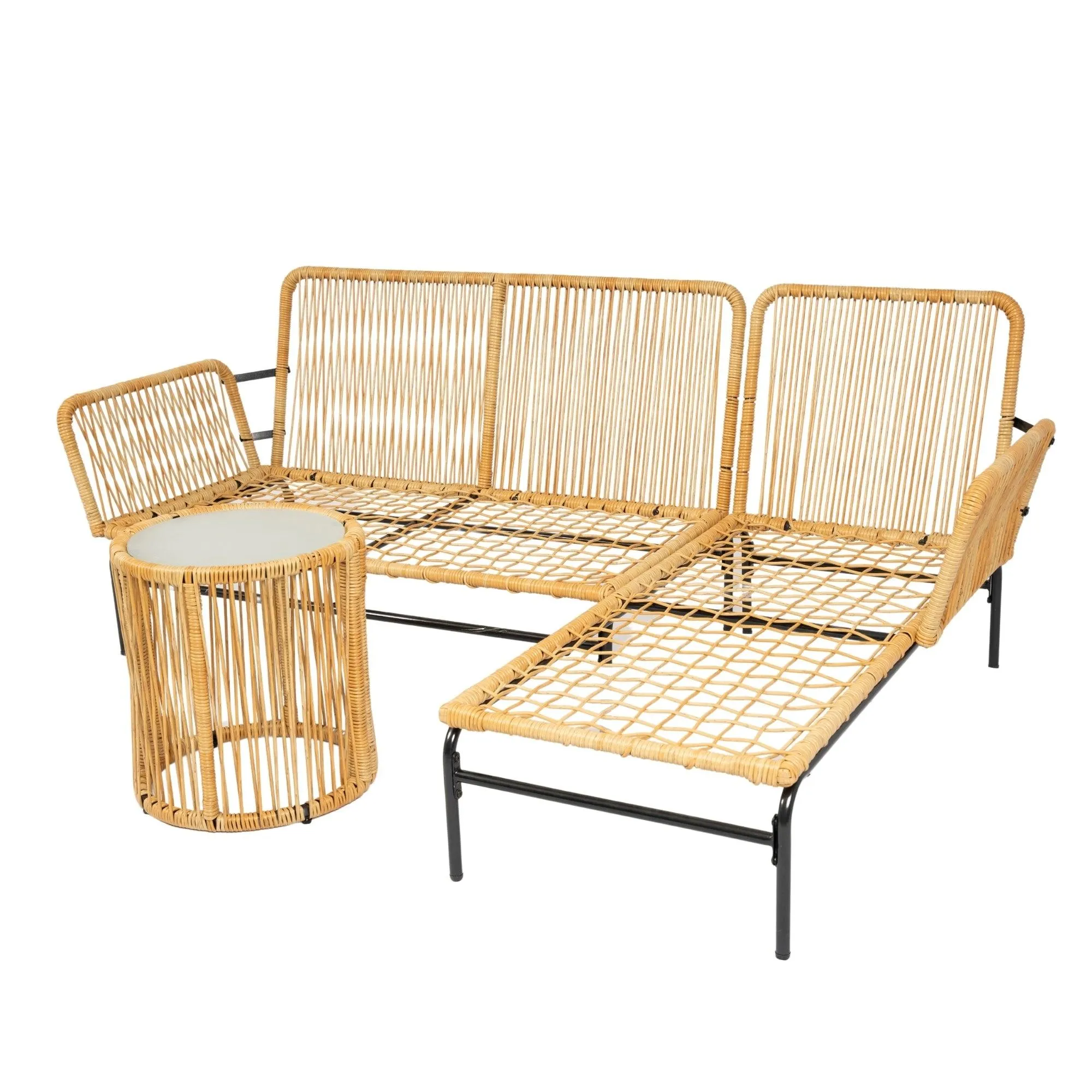 3-Piece Outdoor Patio Wicker Furniture Set, Natural Yellow Wicker with Creme Cushions, 3.15" Thick