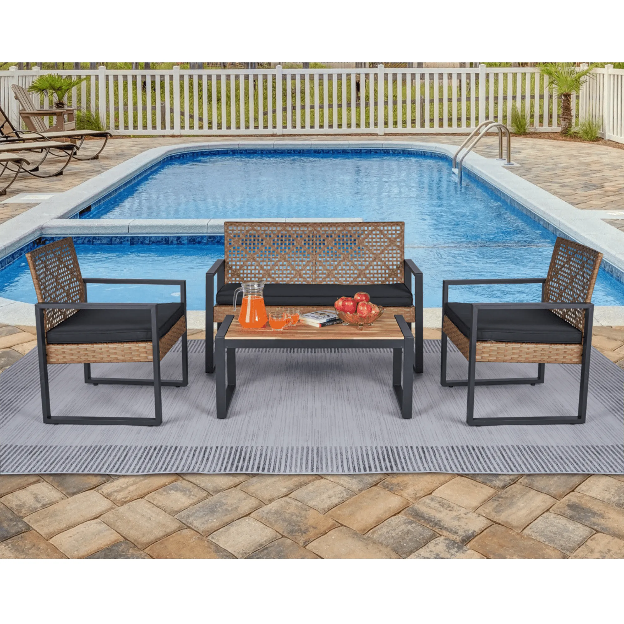 4-Piece Patio Furniture Set, Balcony Garden Furniture with Acacia Wood Table Top, Modern Black & Brown