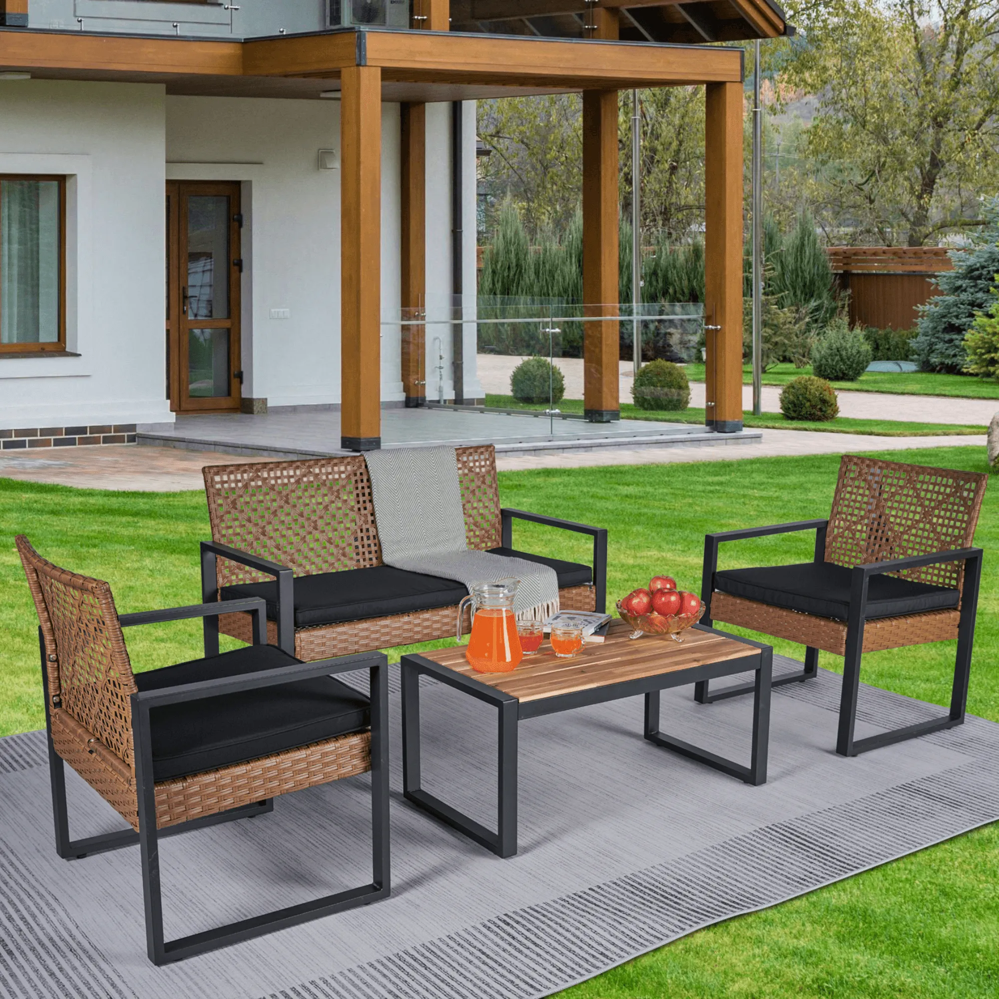 4-Piece Patio Furniture Set, Balcony Garden Furniture with Acacia Wood Table Top, Modern Black & Brown