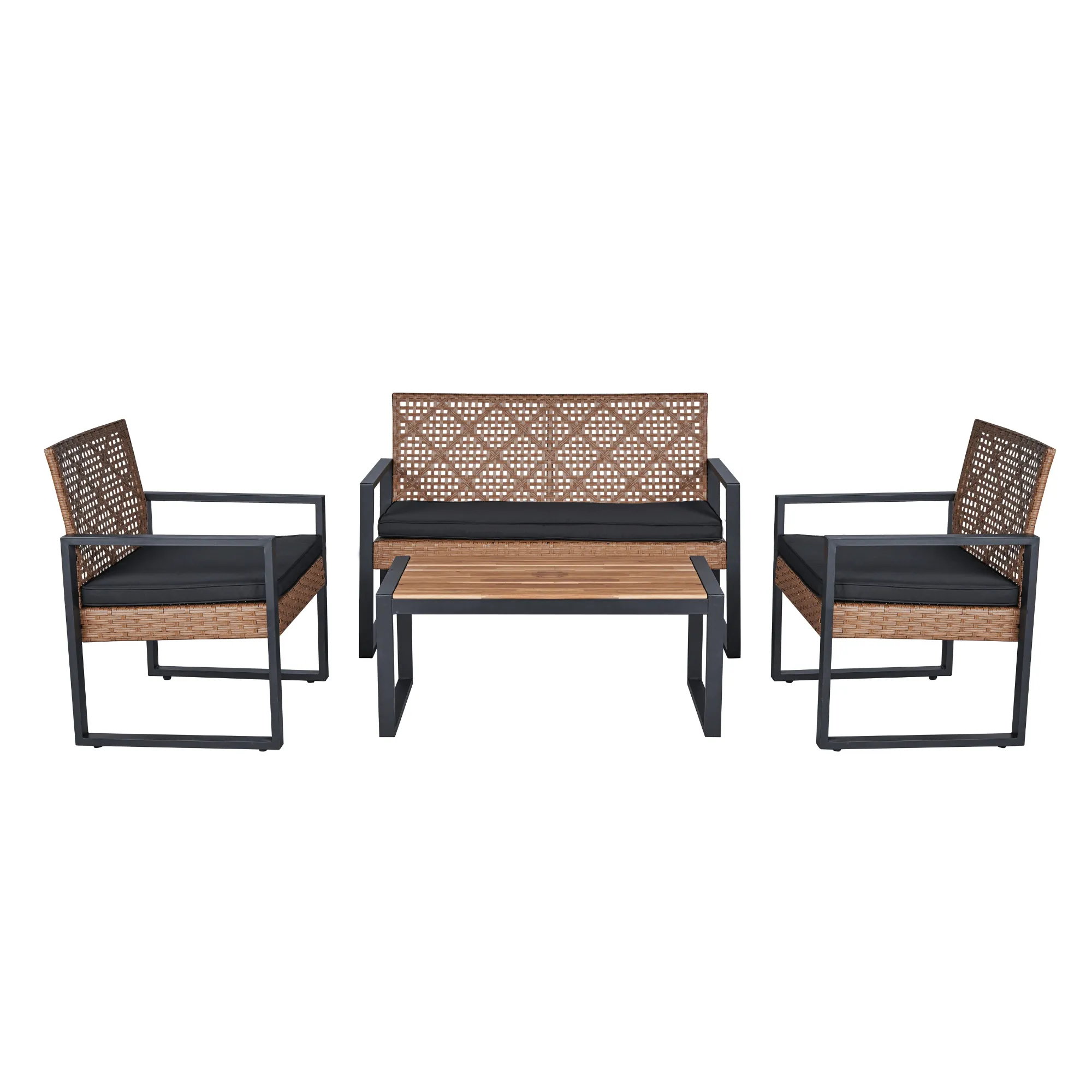 4-Piece Patio Furniture Set, Balcony Garden Furniture with Acacia Wood Table Top, Modern Black & Brown