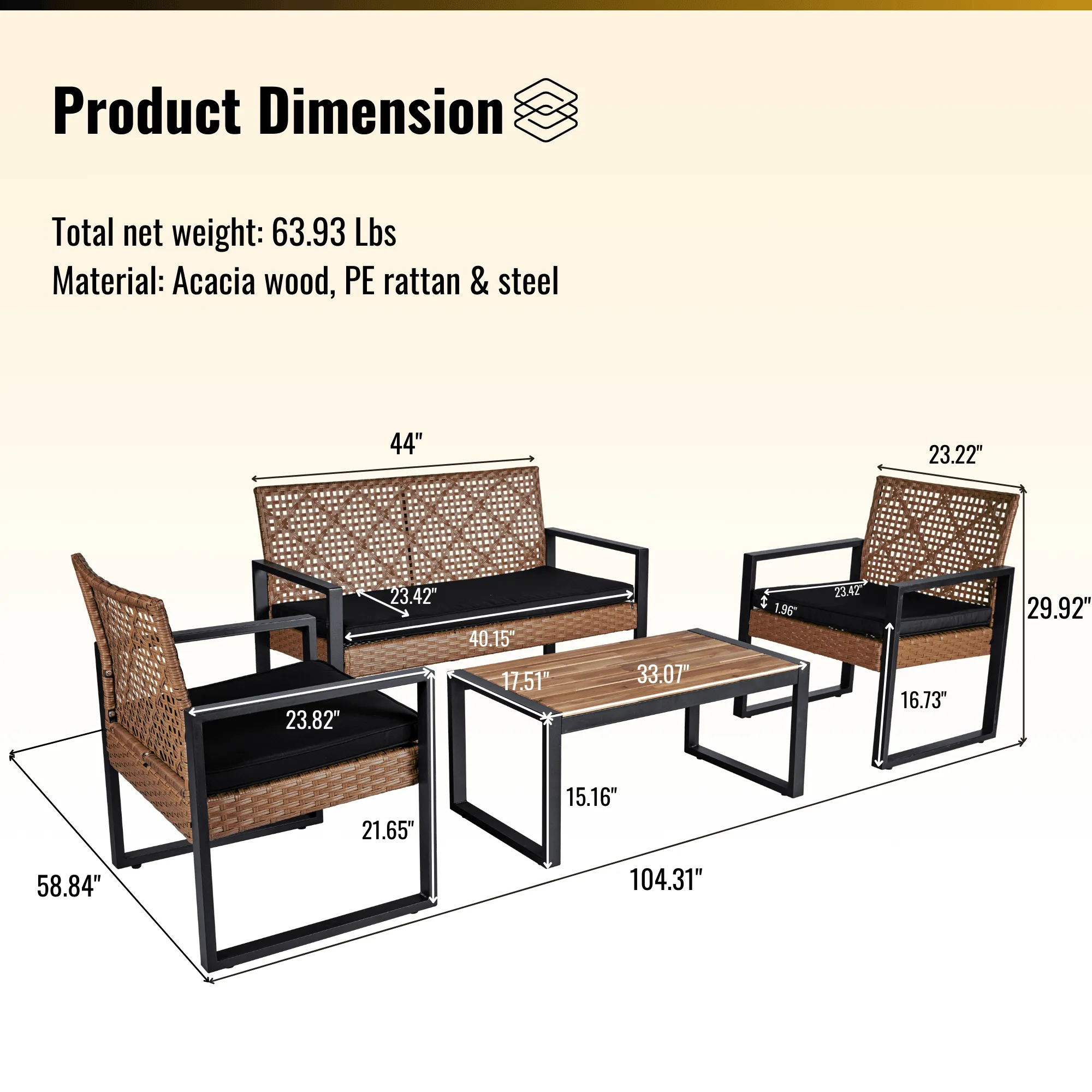 4-Piece Patio Furniture Set, Balcony Garden Furniture with Acacia Wood Table Top, Modern Black & Brown