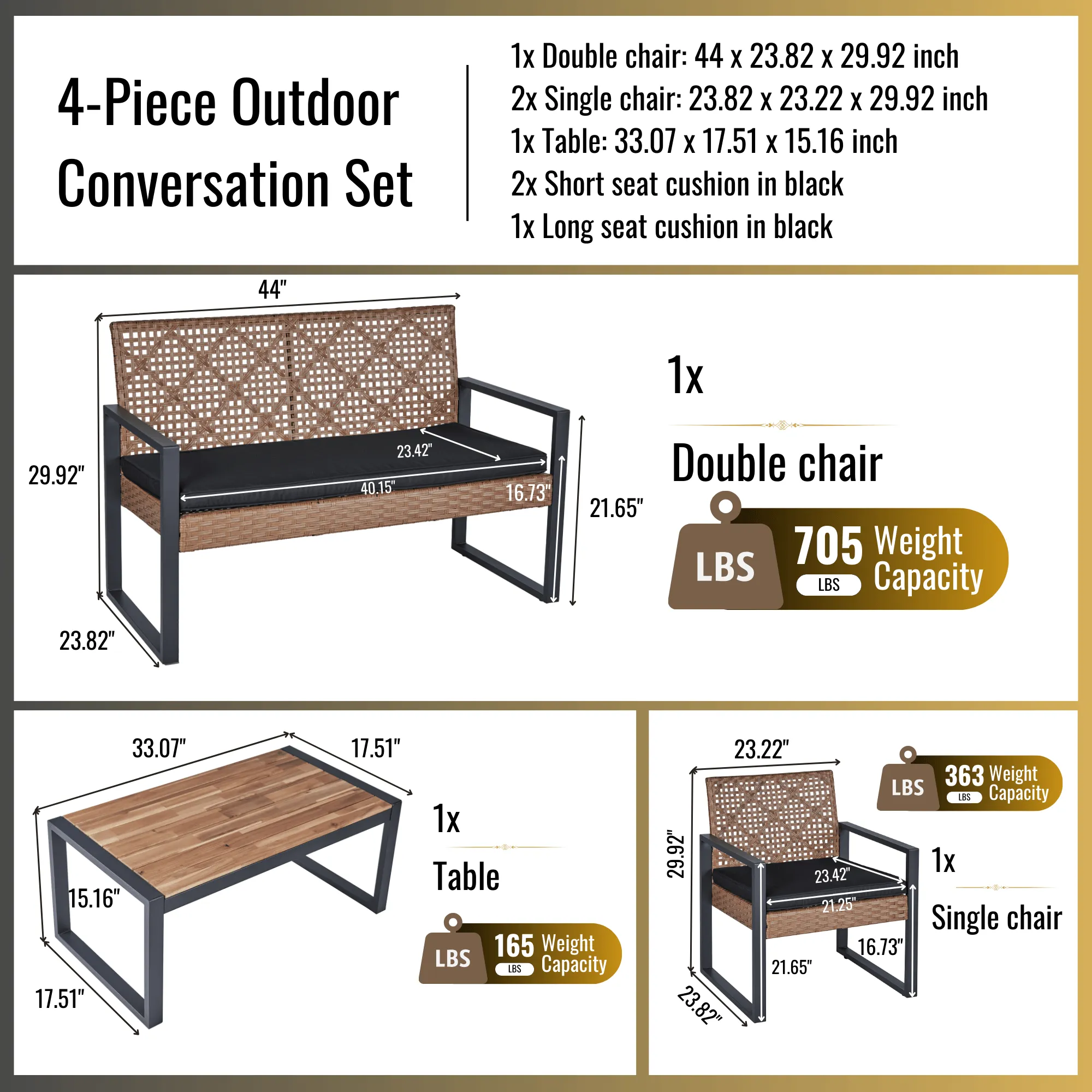 4-Piece Patio Furniture Set, Balcony Garden Furniture with Acacia Wood Table Top, Modern Black & Brown