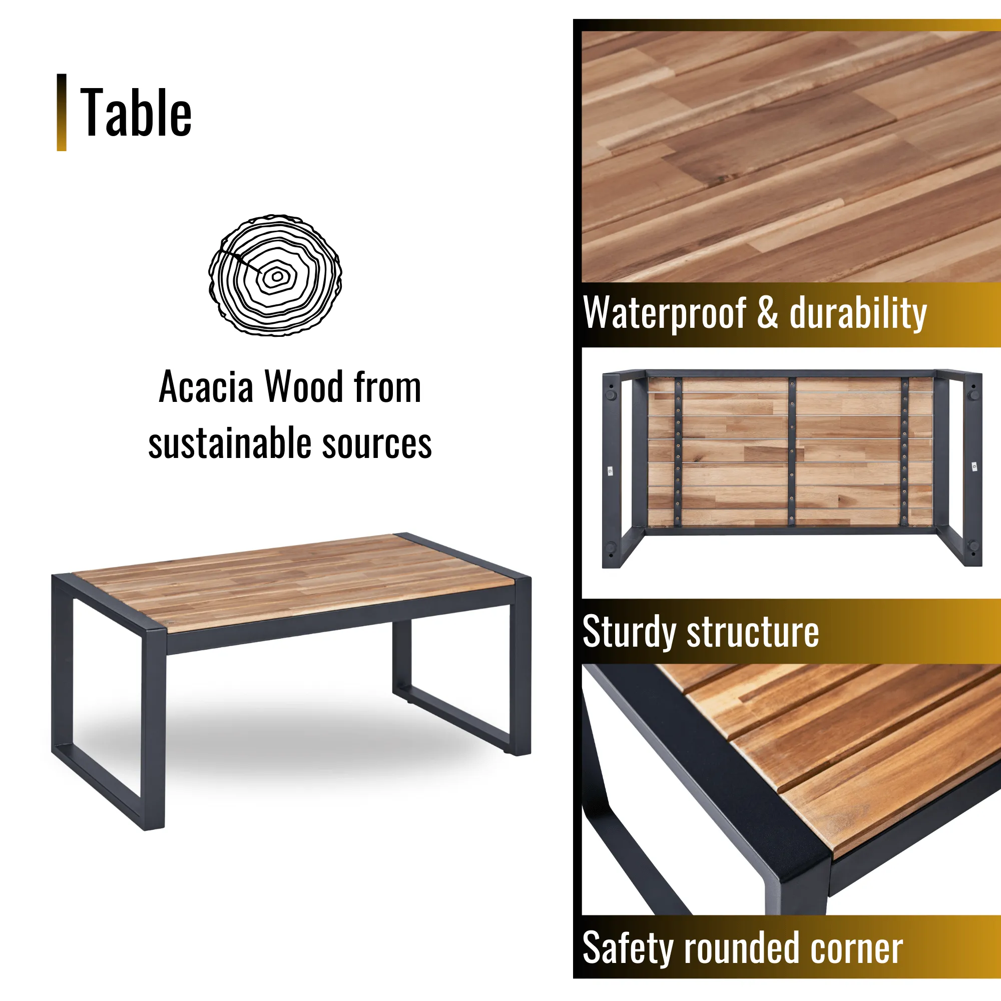 4-Piece Patio Furniture Set, Balcony Garden Furniture with Acacia Wood Table Top, Modern Black & Brown