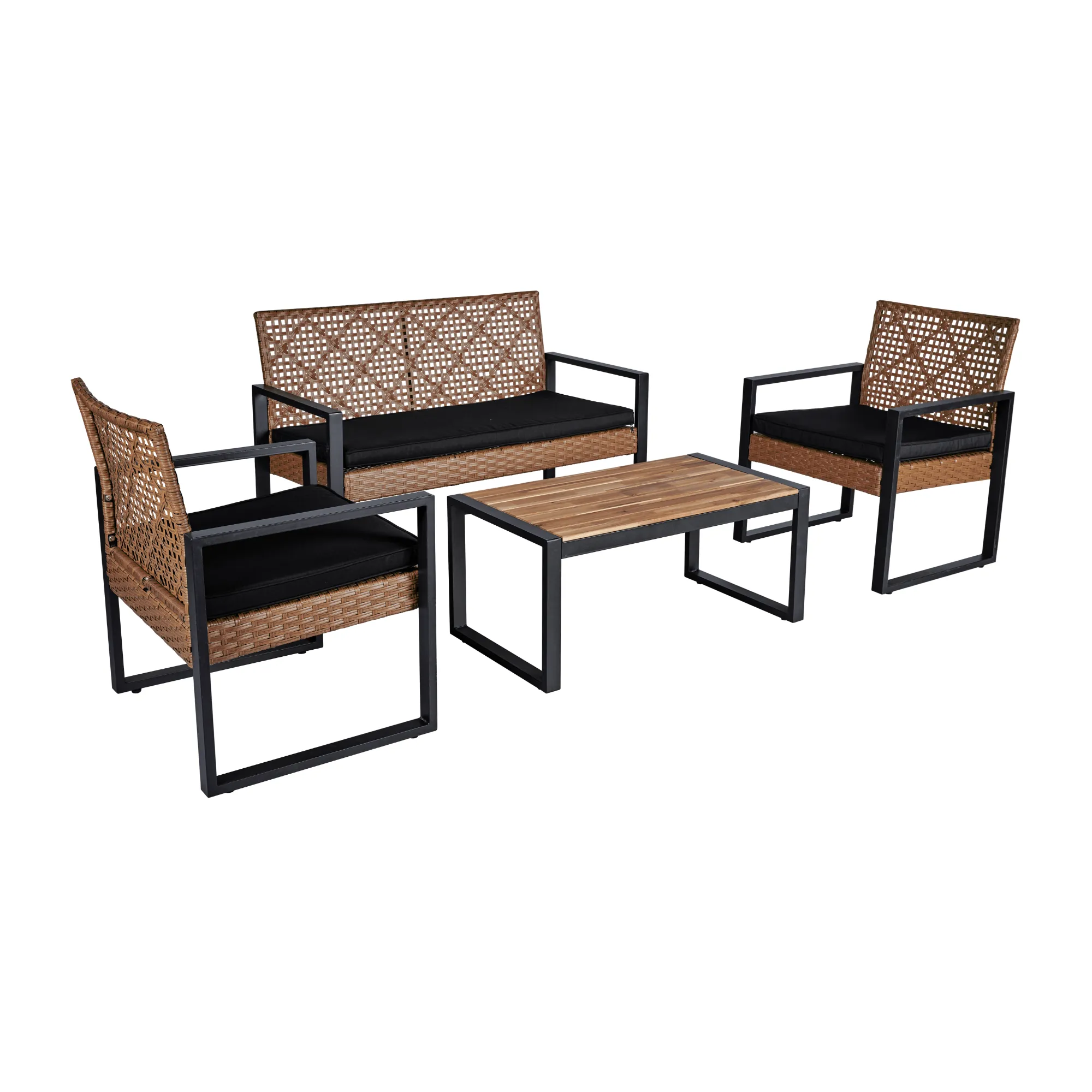 4-Piece Patio Furniture Set, Balcony Garden Furniture with Acacia Wood Table Top, Modern Black & Brown