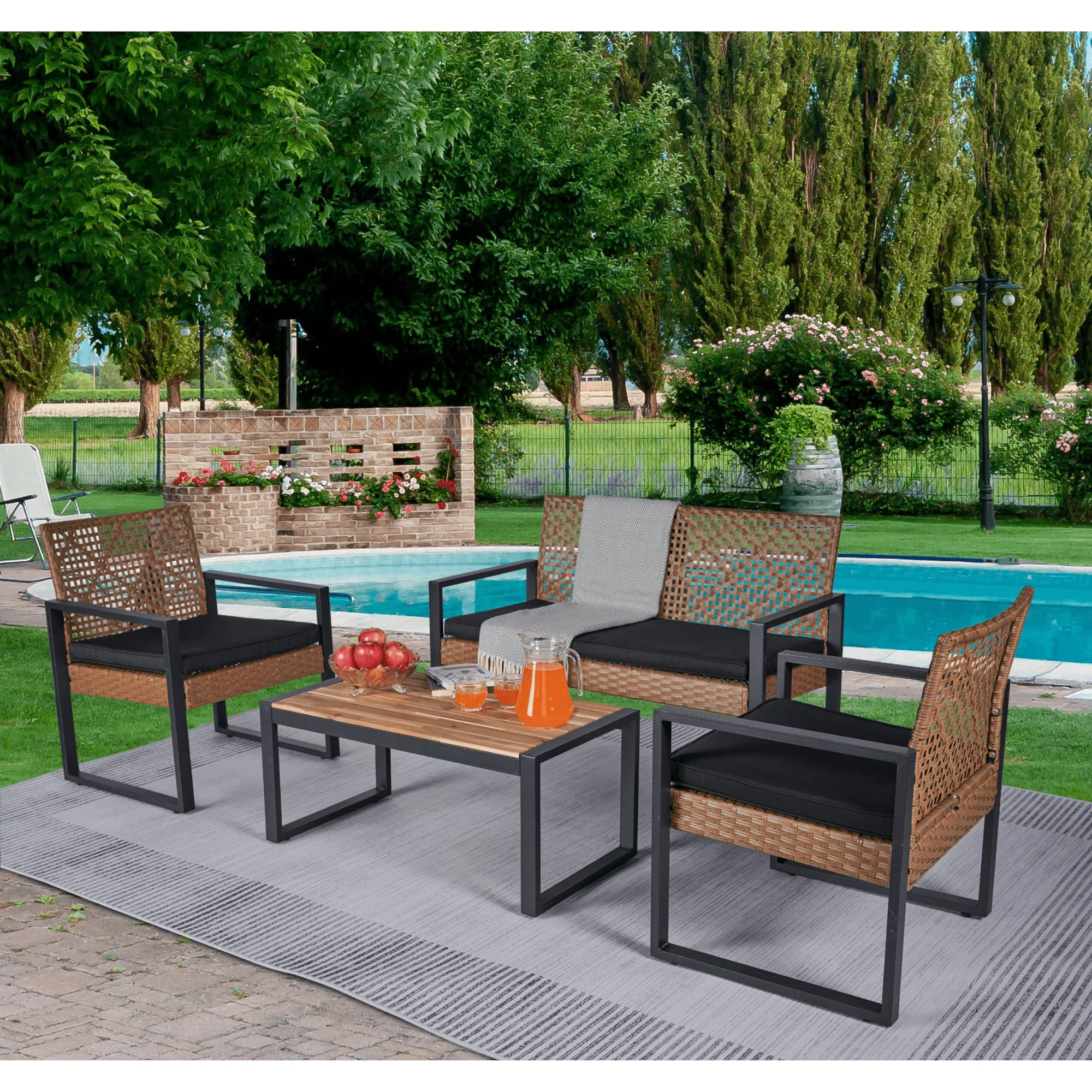 4-Piece Patio Furniture Set, Balcony Garden Furniture with Acacia Wood Table Top, Modern Black & Brown