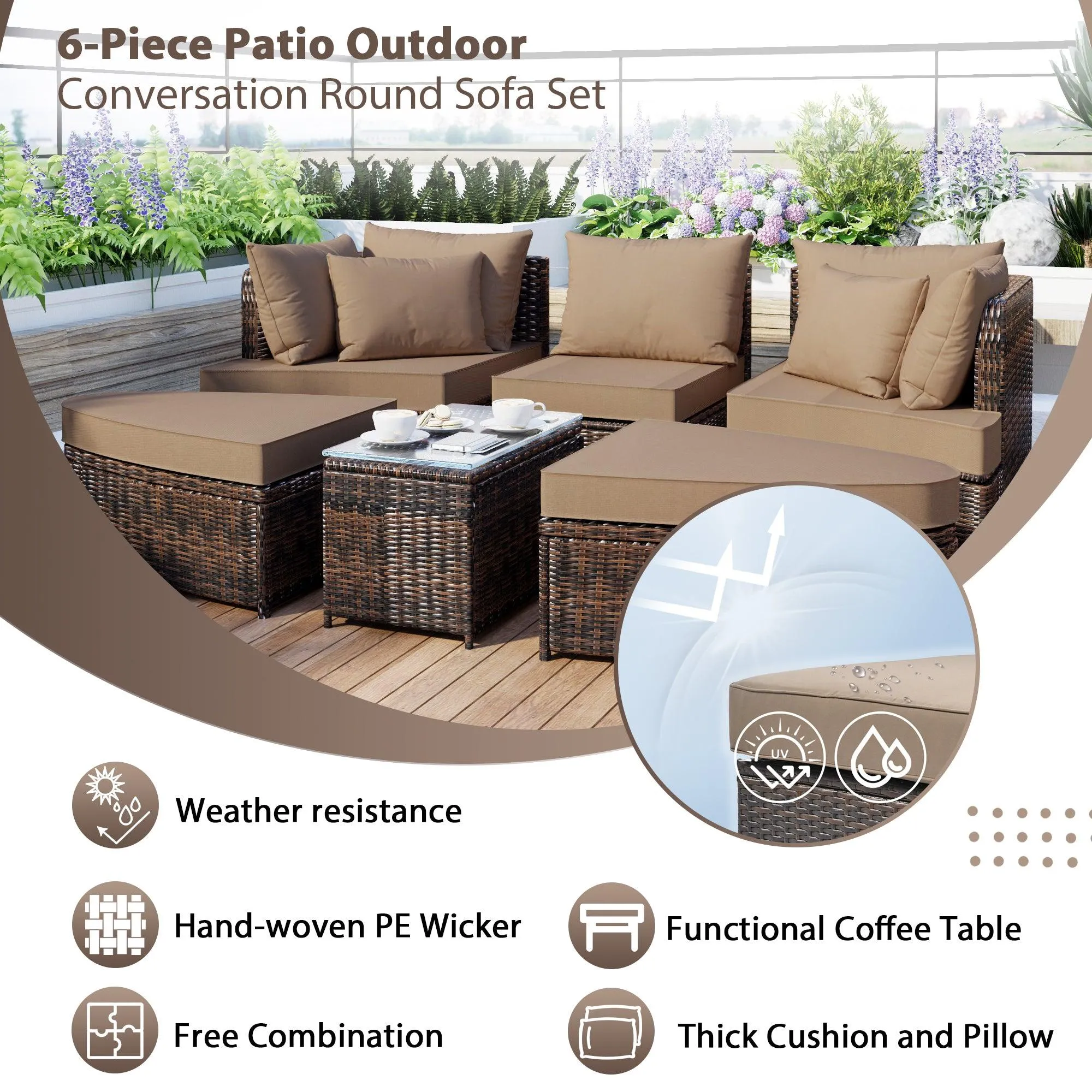 6-Piece Patio Conversation Sofa Set, PE Wicker Rattan Separate Seating Group with Coffee Table, Brown