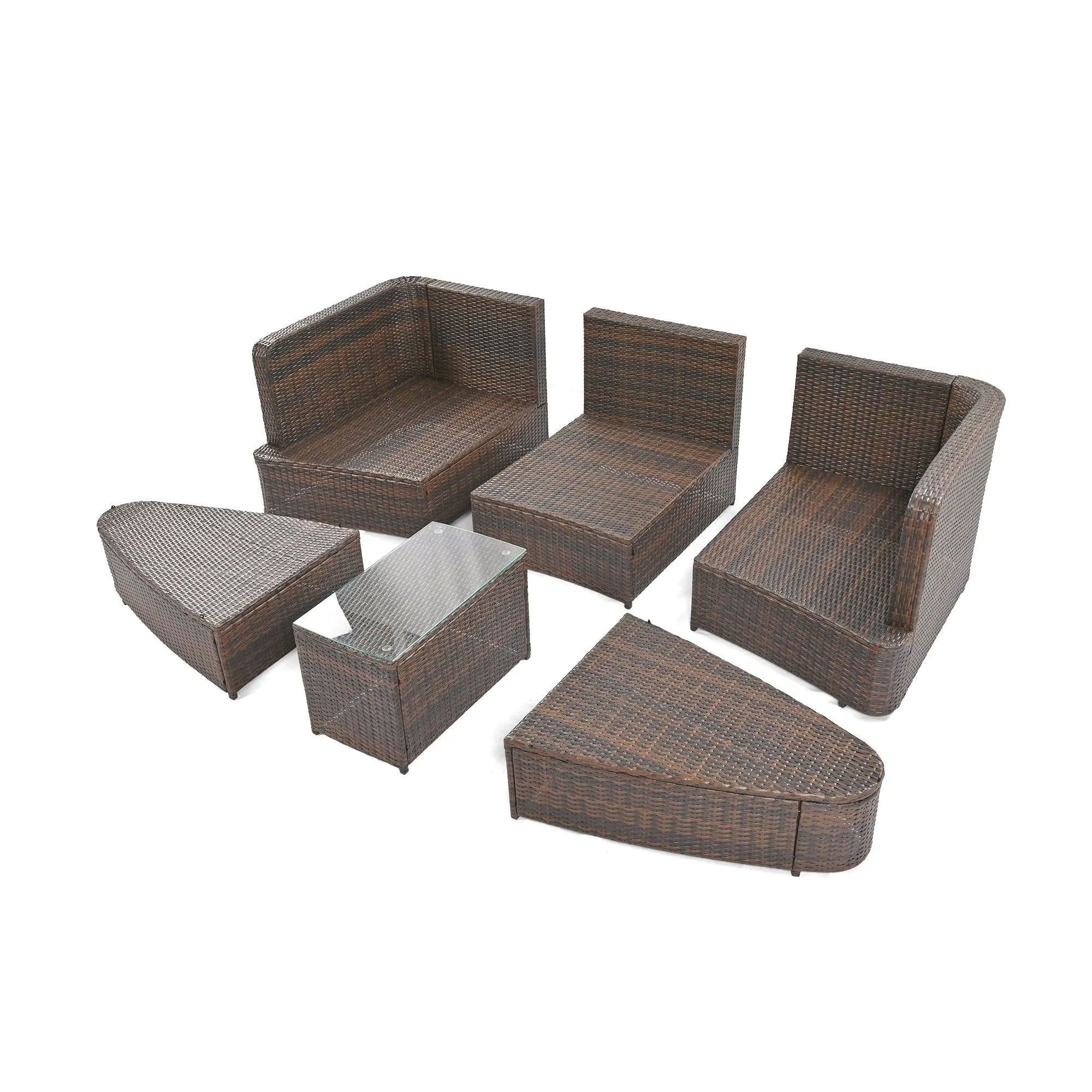 6-Piece Patio Conversation Sofa Set, PE Wicker Rattan Separate Seating Group with Coffee Table, Brown