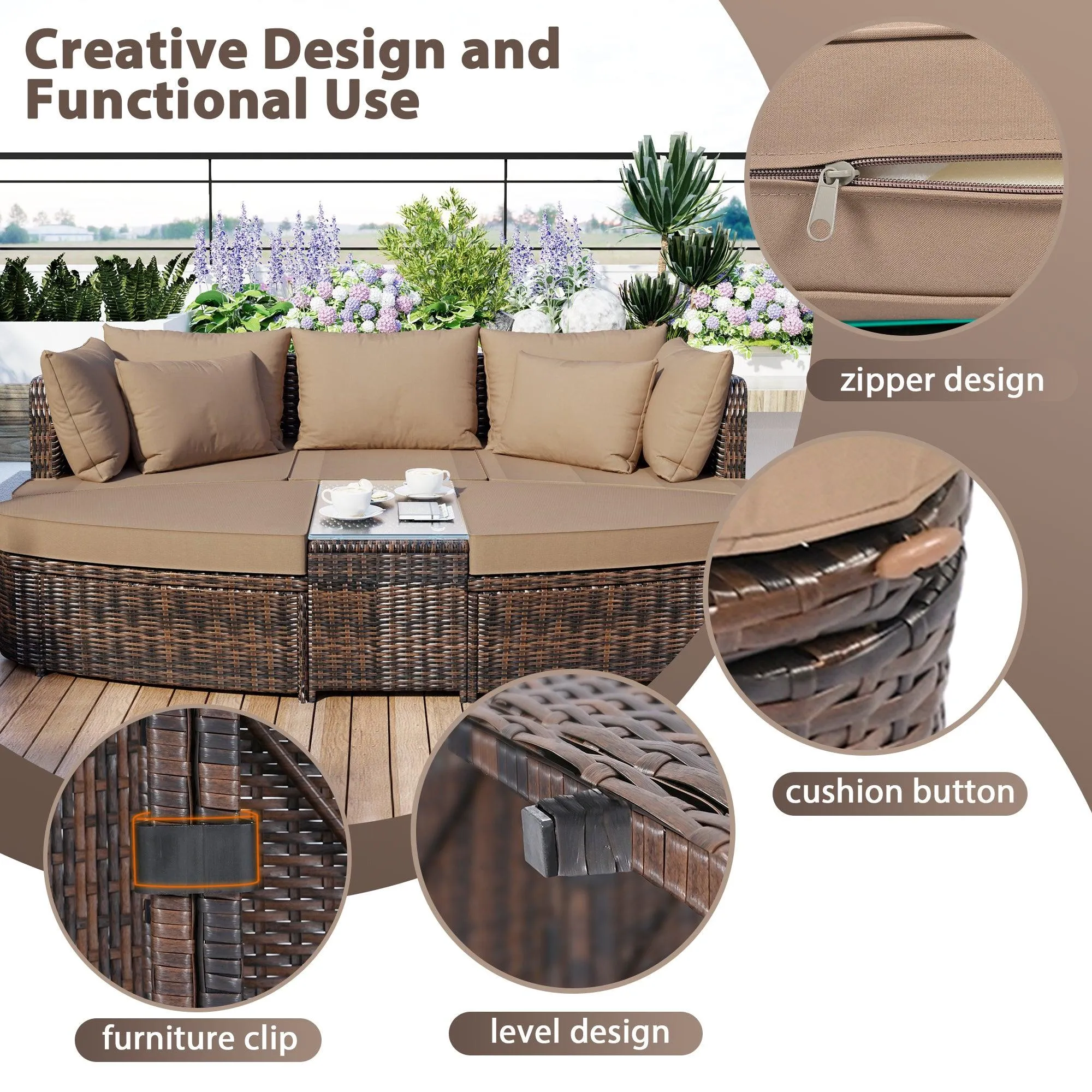 6-Piece Patio Conversation Sofa Set, PE Wicker Rattan Separate Seating Group with Coffee Table, Brown