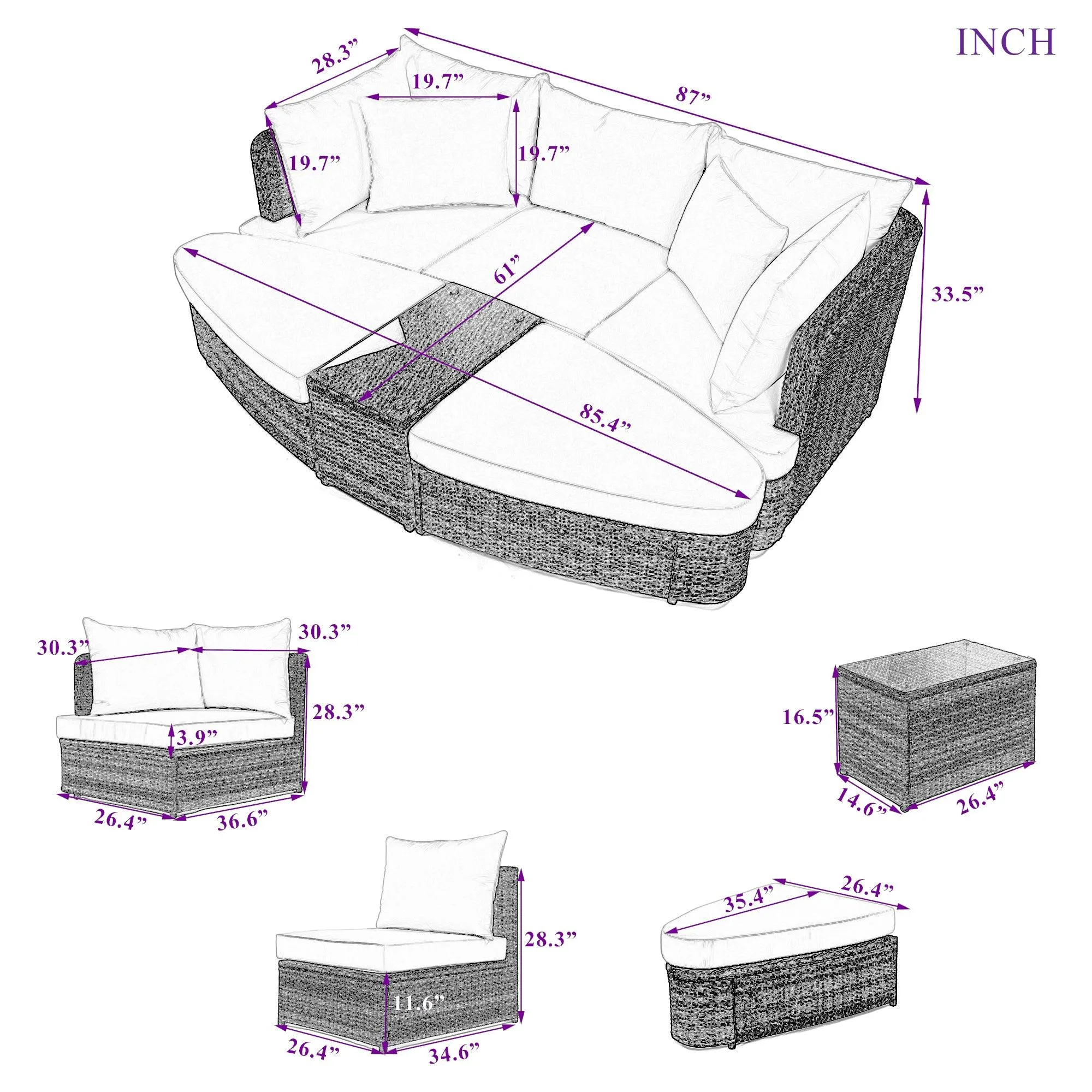 6-Piece Patio Conversation Sofa Set, PE Wicker Rattan Separate Seating Group with Coffee Table, Brown