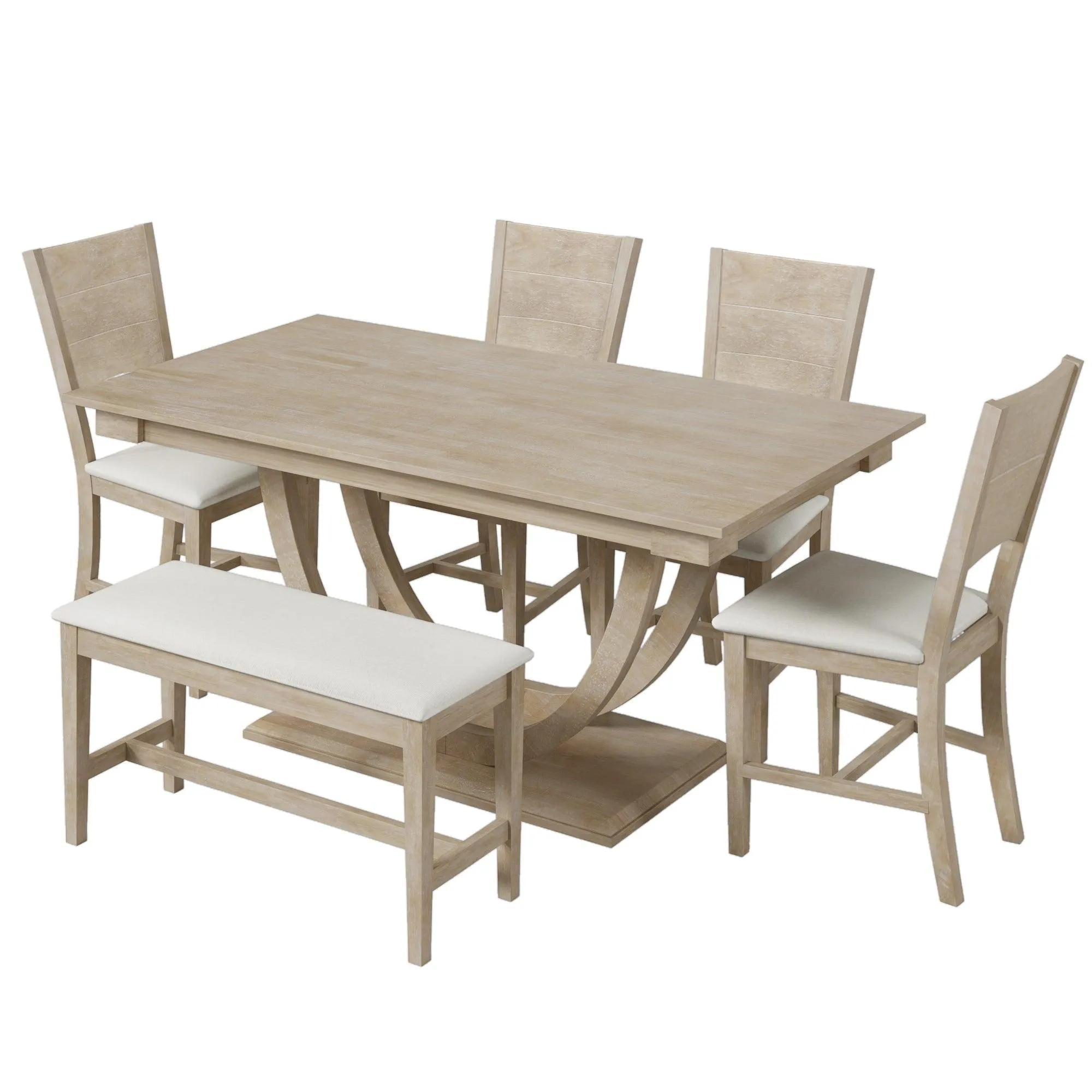 6-Piece Wood Half-Round Dining Set, Modern Table with Bench & 4 Chairs, Natural