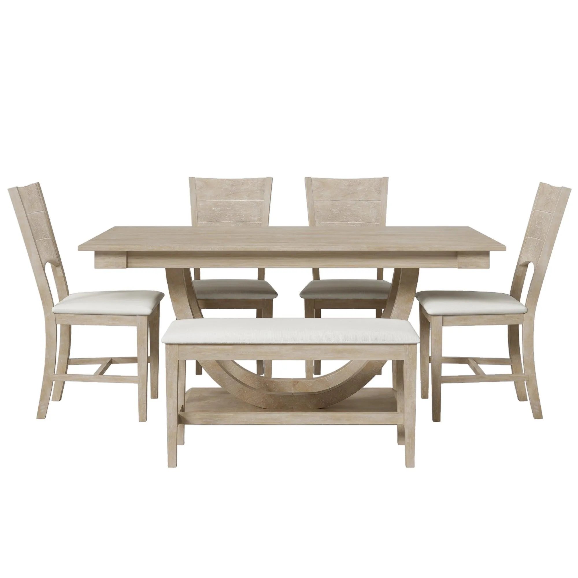 6-Piece Wood Half-Round Dining Set, Modern Table with Bench & 4 Chairs, Natural