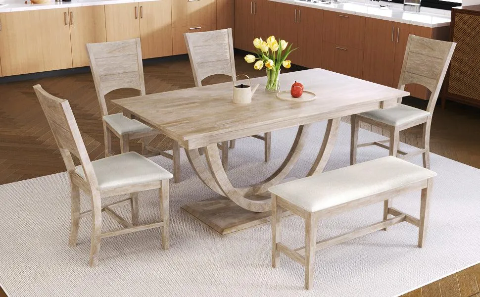 6-Piece Wood Half-Round Dining Set, Modern Table with Bench & 4 Chairs, Natural