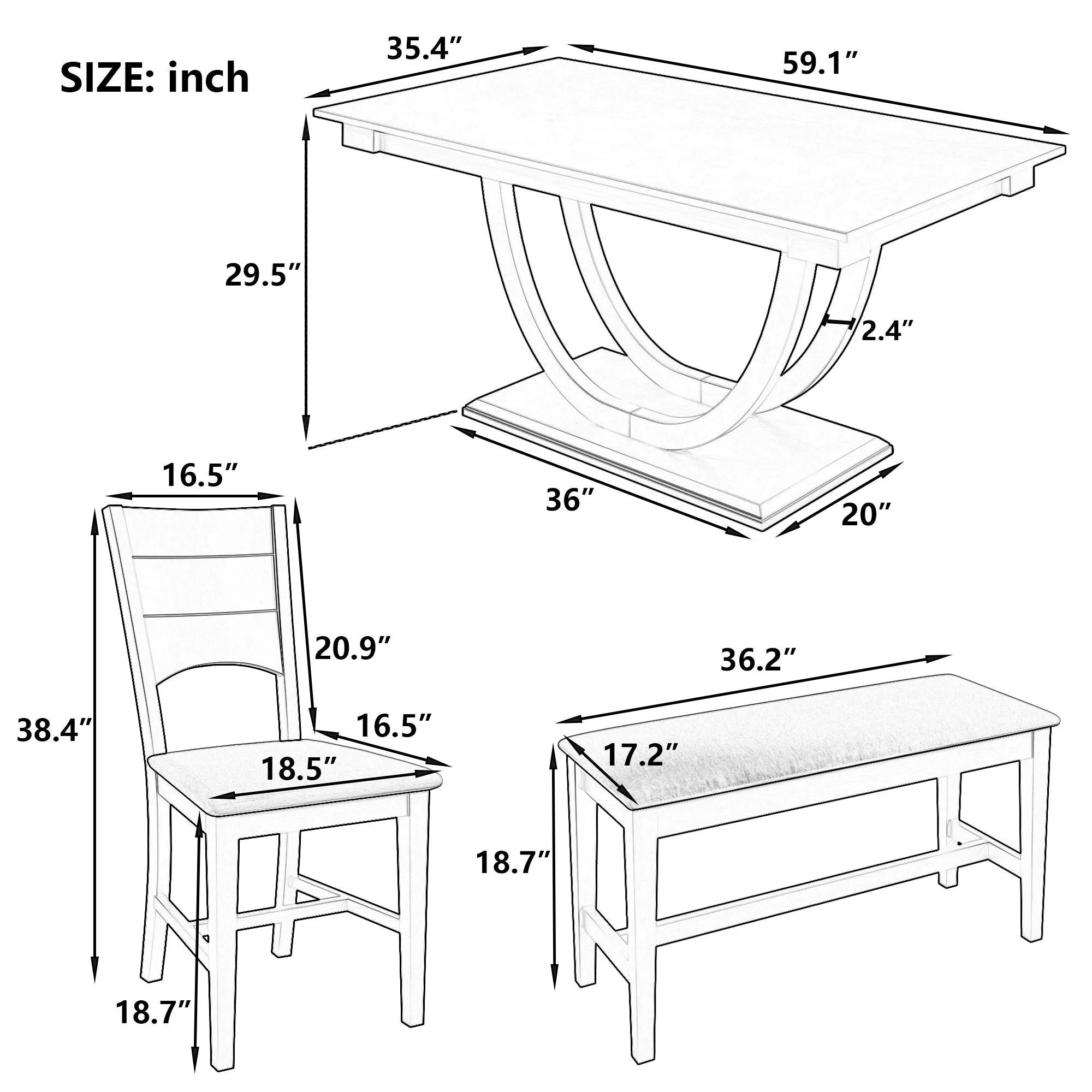 6-Piece Wood Half-Round Dining Set, Modern Table with Bench & 4 Chairs, Natural