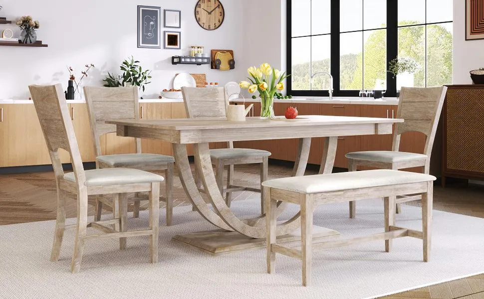 6-Piece Wood Half-Round Dining Set, Modern Table with Bench & 4 Chairs, Natural