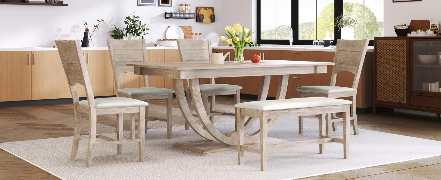 6-Piece Wood Half-Round Dining Set, Modern Table with Bench & 4 Chairs, Natural