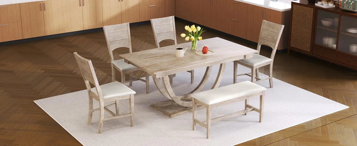 6-Piece Wood Half-Round Dining Set, Modern Table with Bench & 4 Chairs, Natural