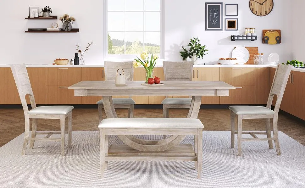 6-Piece Wood Half-Round Dining Set, Modern Table with Bench & 4 Chairs, Natural