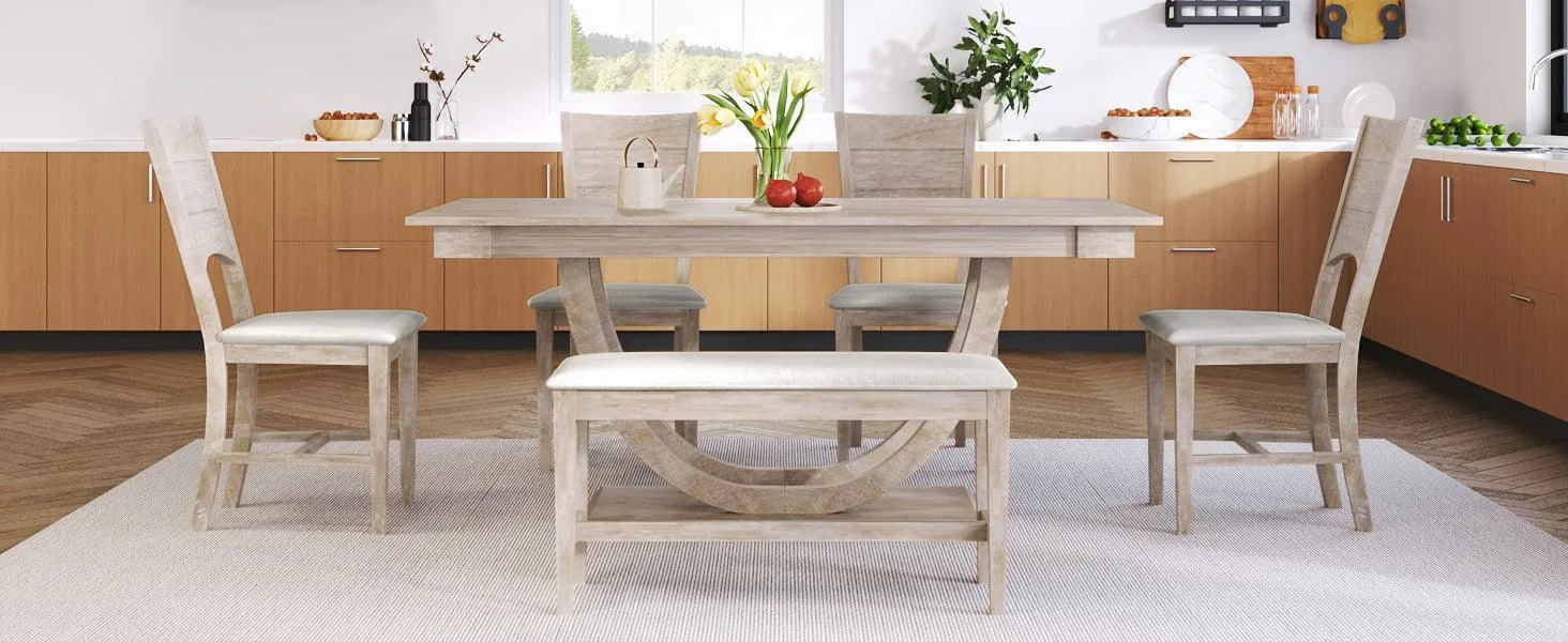 6-Piece Wood Half-Round Dining Set, Modern Table with Bench & 4 Chairs, Natural