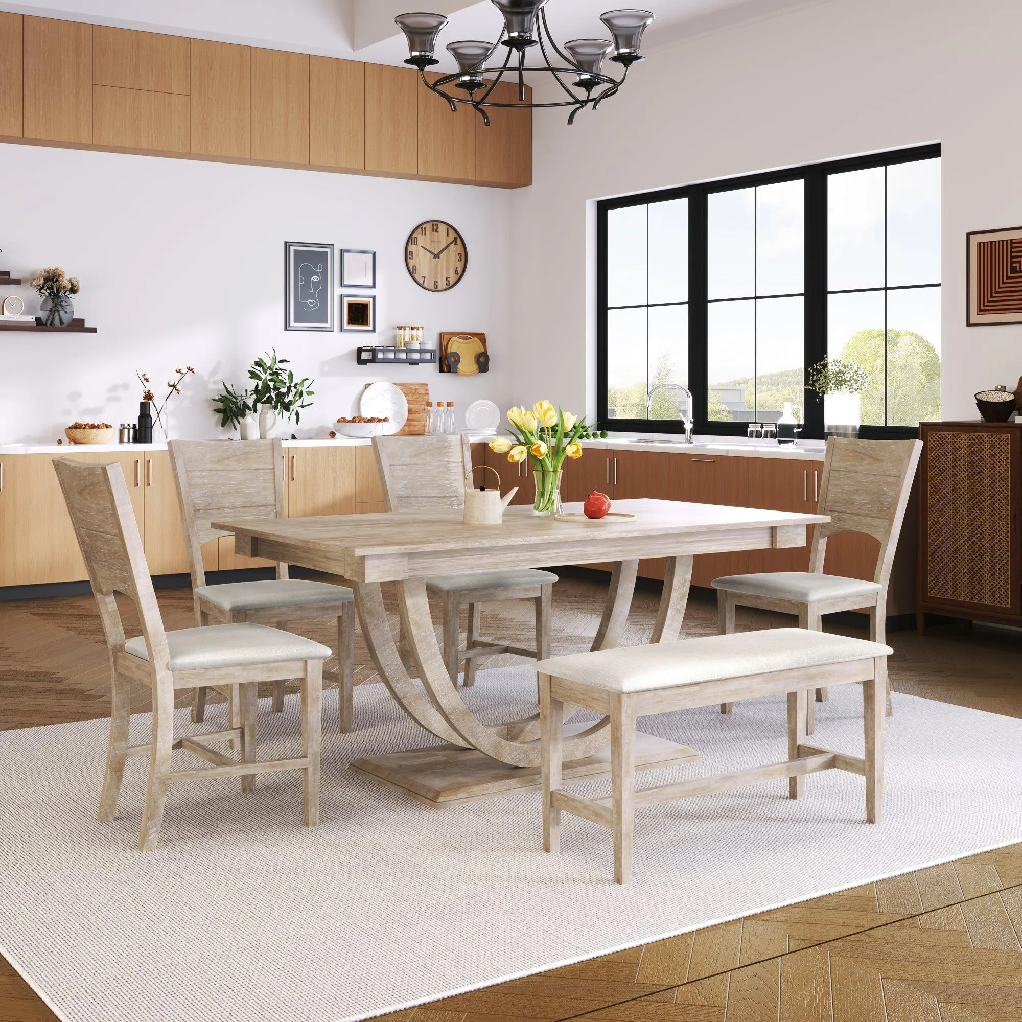 6-Piece Wood Half-Round Dining Set, Modern Table with Bench & 4 Chairs, Natural