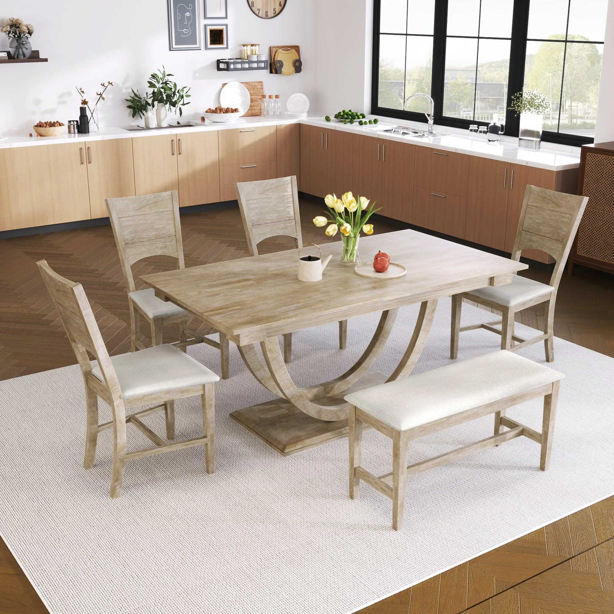 6-Piece Wood Half-Round Dining Set, Modern Table with Bench & 4 Chairs, Natural