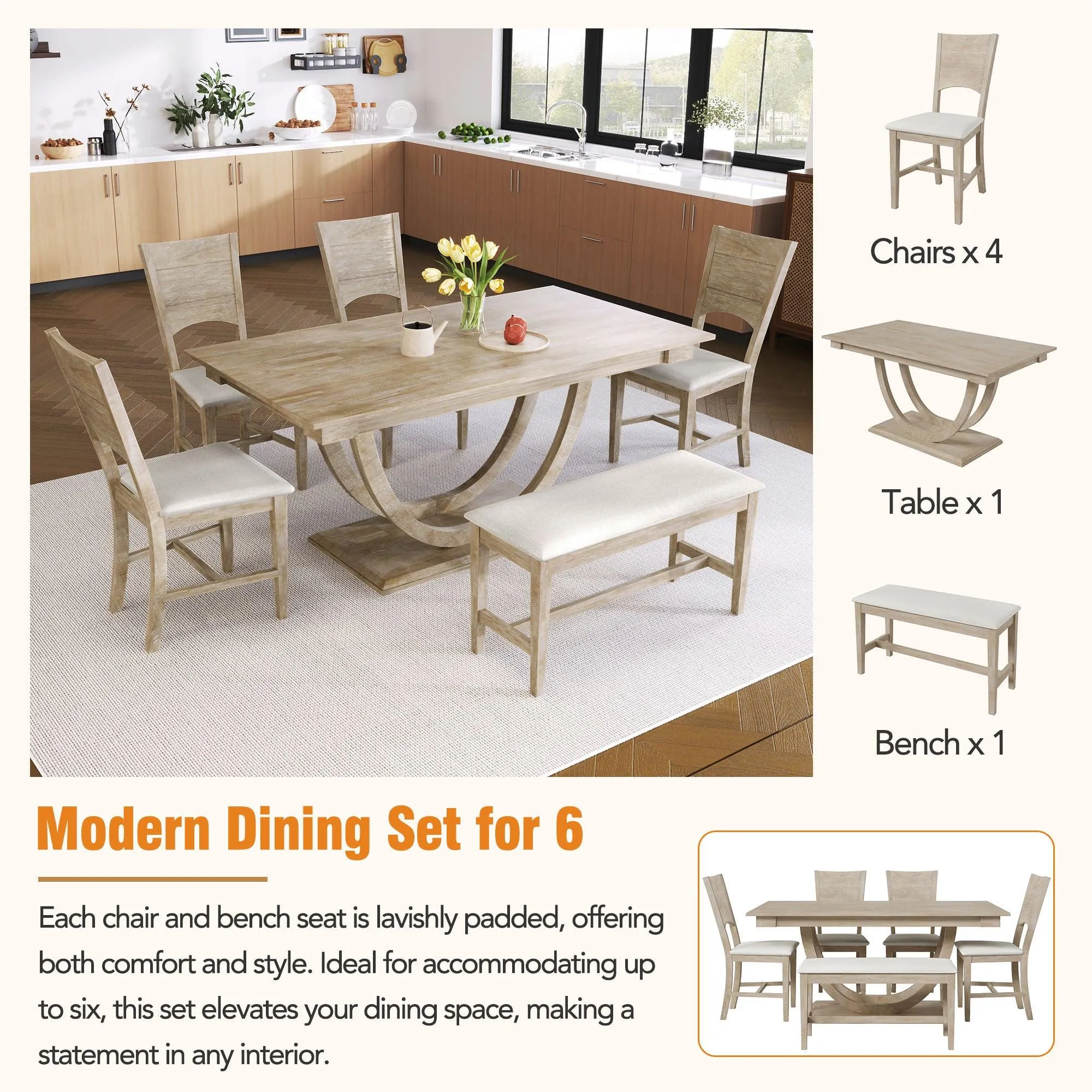 6-Piece Wood Half-Round Dining Set, Modern Table with Bench & 4 Chairs, Natural