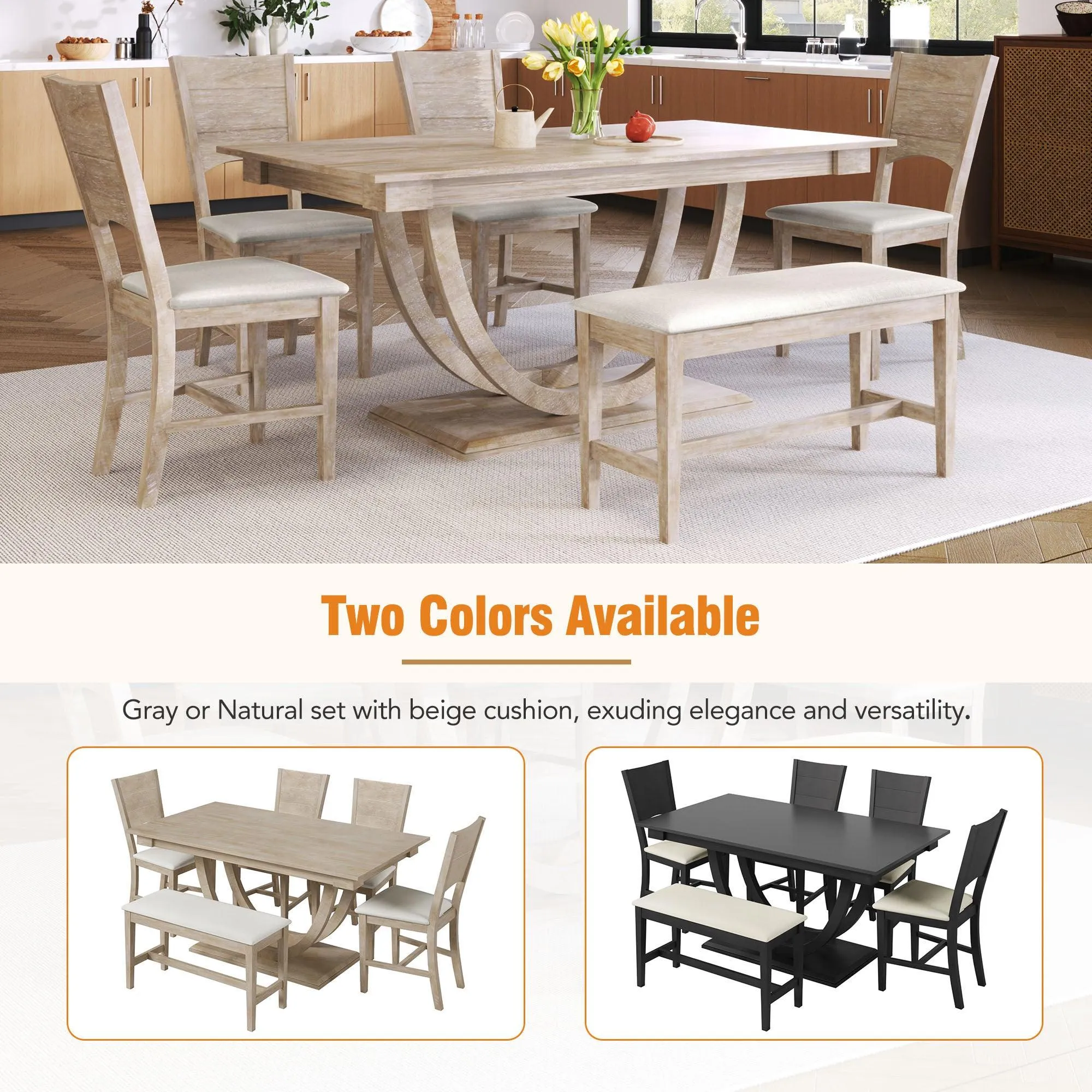 6-Piece Wood Half-Round Dining Set, Modern Table with Bench & 4 Chairs, Natural