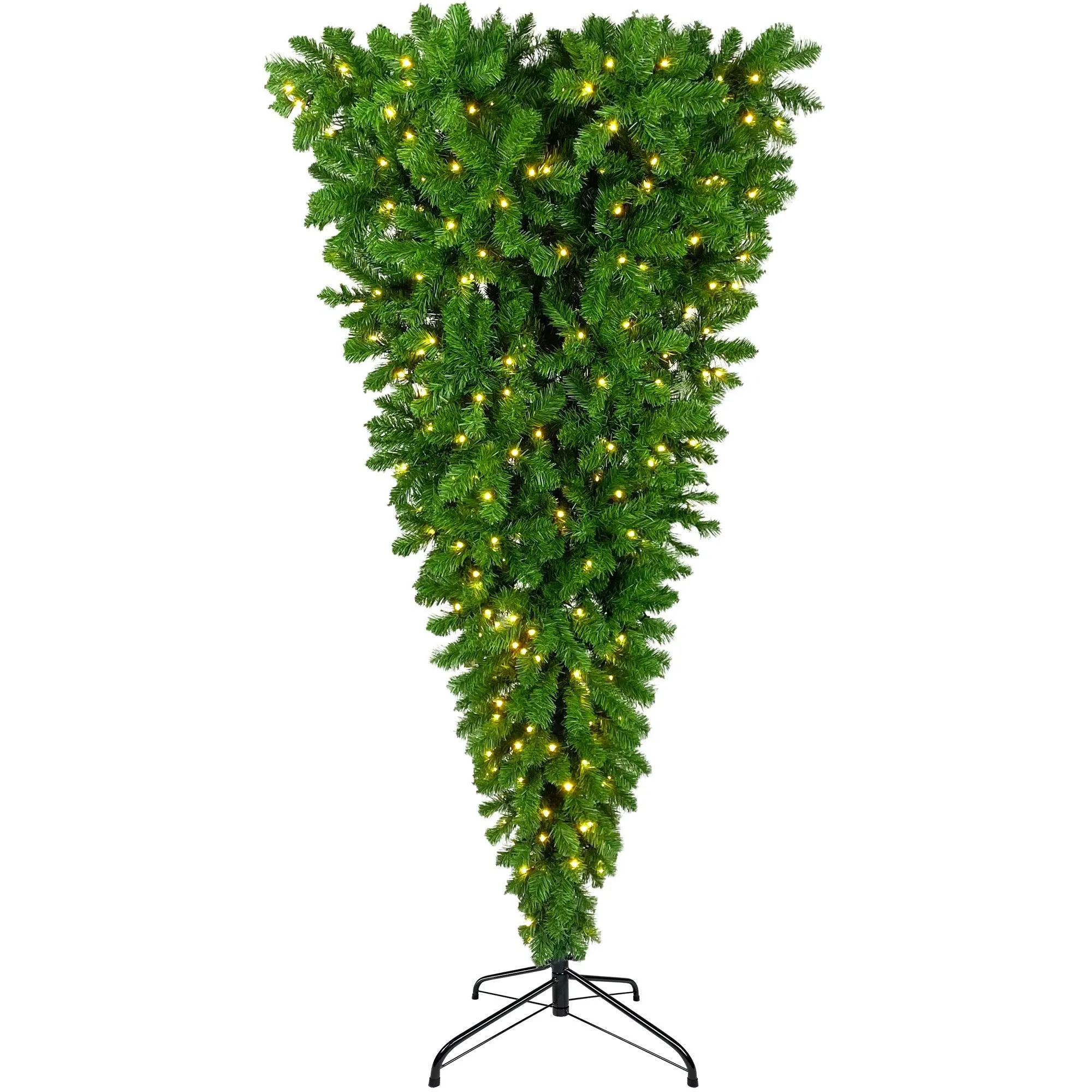 6ft Upside Down Green Christmas Tree, LED Warm White Lights, Reinforced Metal Base & Easy Assembly, 1,000 Lush Branch Tips, 360 LED Lights