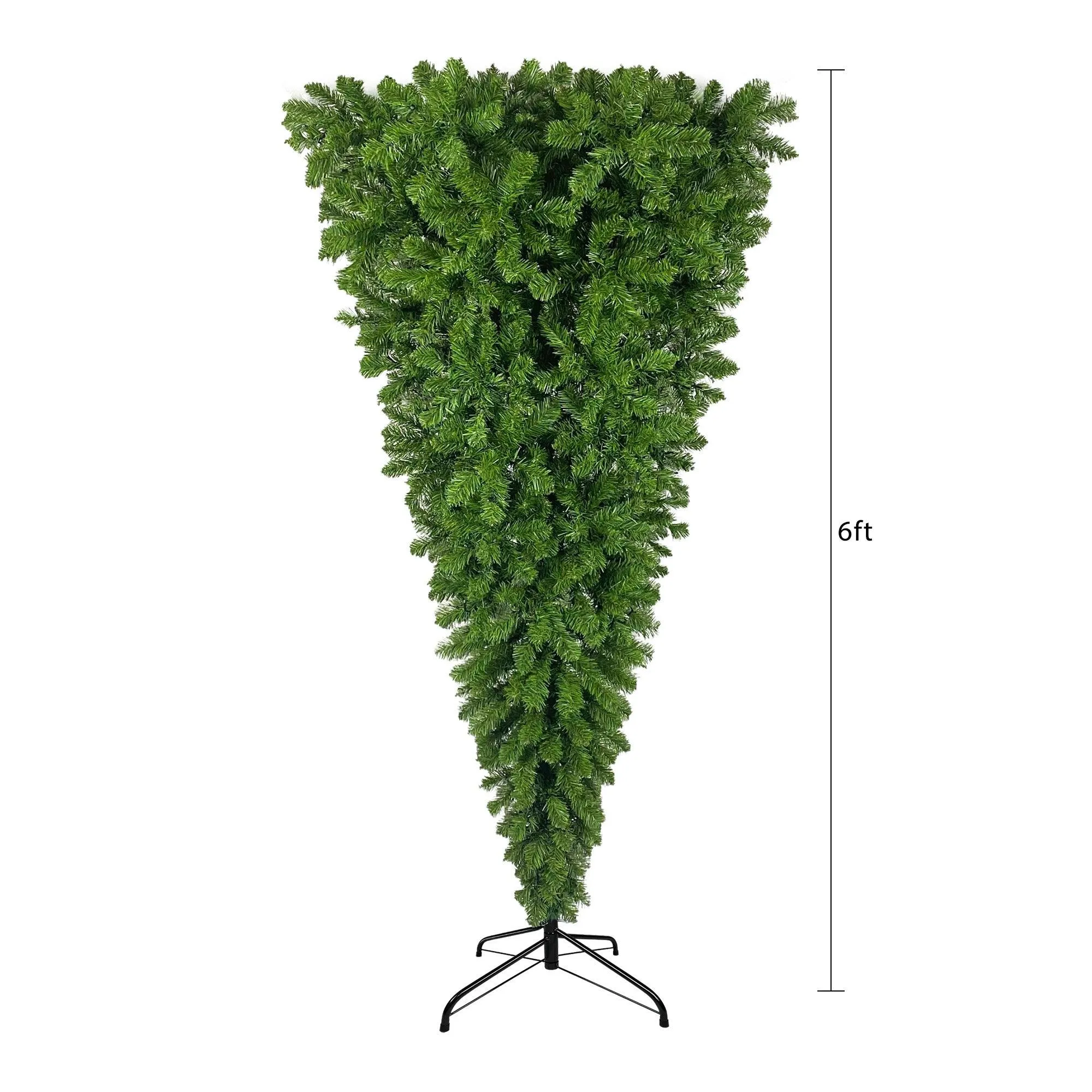 6ft Upside Down Green Christmas Tree, LED Warm White Lights, Reinforced Metal Base & Easy Assembly, 1,000 Lush Branch Tips, 360 LED Lights