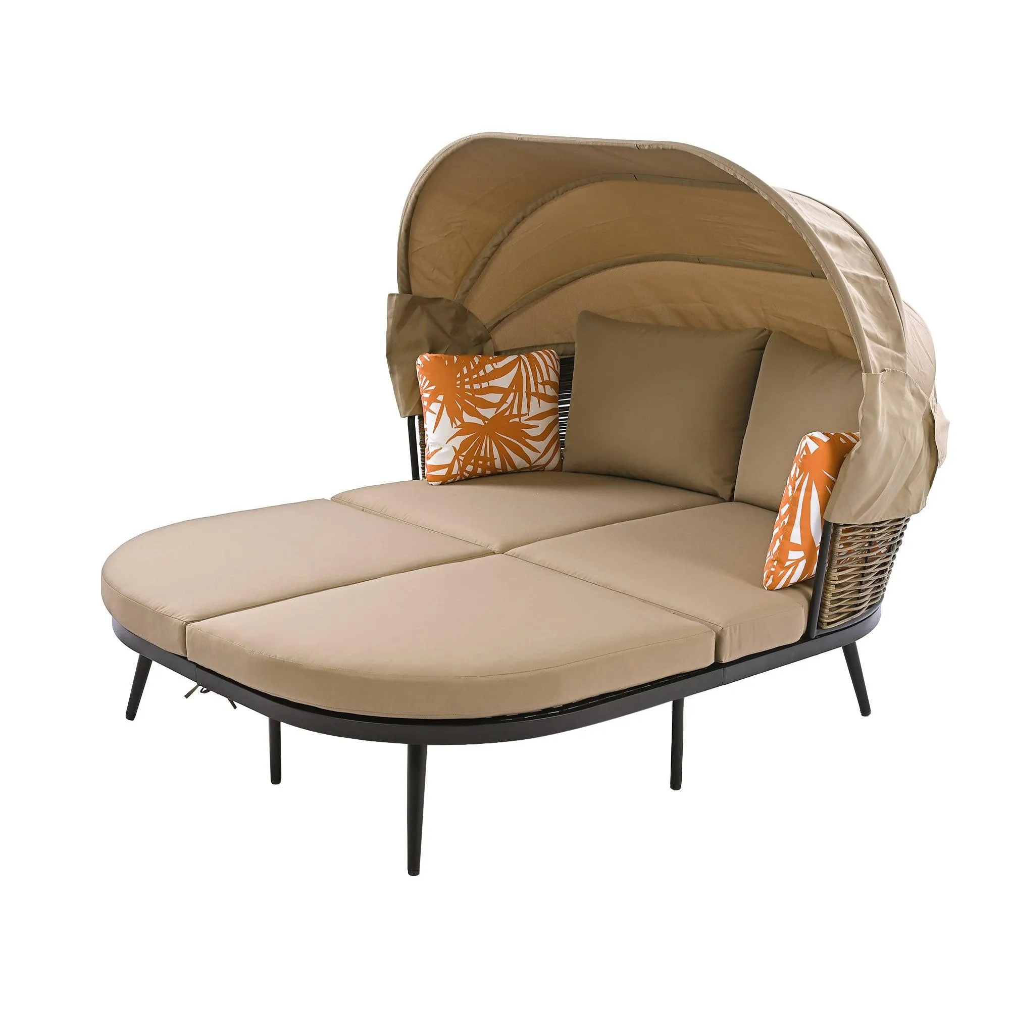 74.8" L Patio Daybed with Retractable Canopy, Rattan PE Wicker Back Loveseat Sofa Set with Throw Pillows and Cushions, Brown