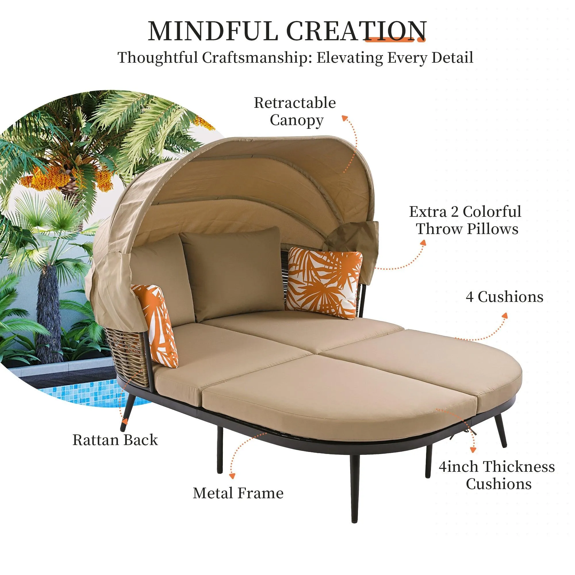 74.8" L Patio Daybed with Retractable Canopy, Rattan PE Wicker Back Loveseat Sofa Set with Throw Pillows and Cushions, Brown