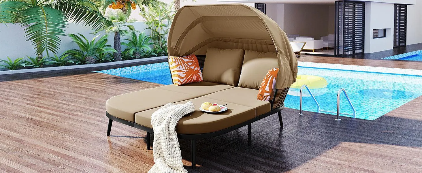 74.8" L Patio Daybed with Retractable Canopy, Rattan PE Wicker Back Loveseat Sofa Set with Throw Pillows and Cushions, Brown