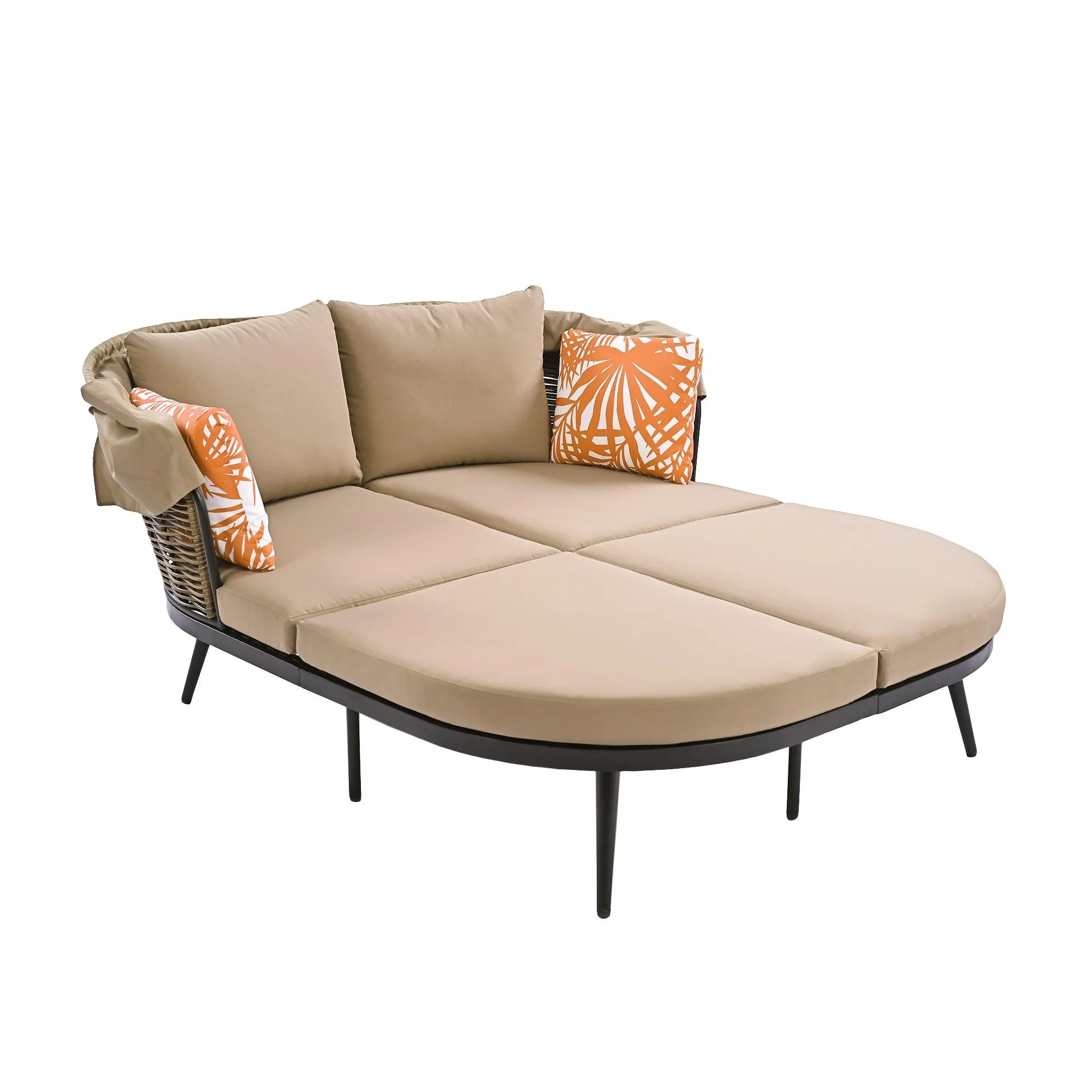 74.8" L Patio Daybed with Retractable Canopy, Rattan PE Wicker Back Loveseat Sofa Set with Throw Pillows and Cushions, Brown