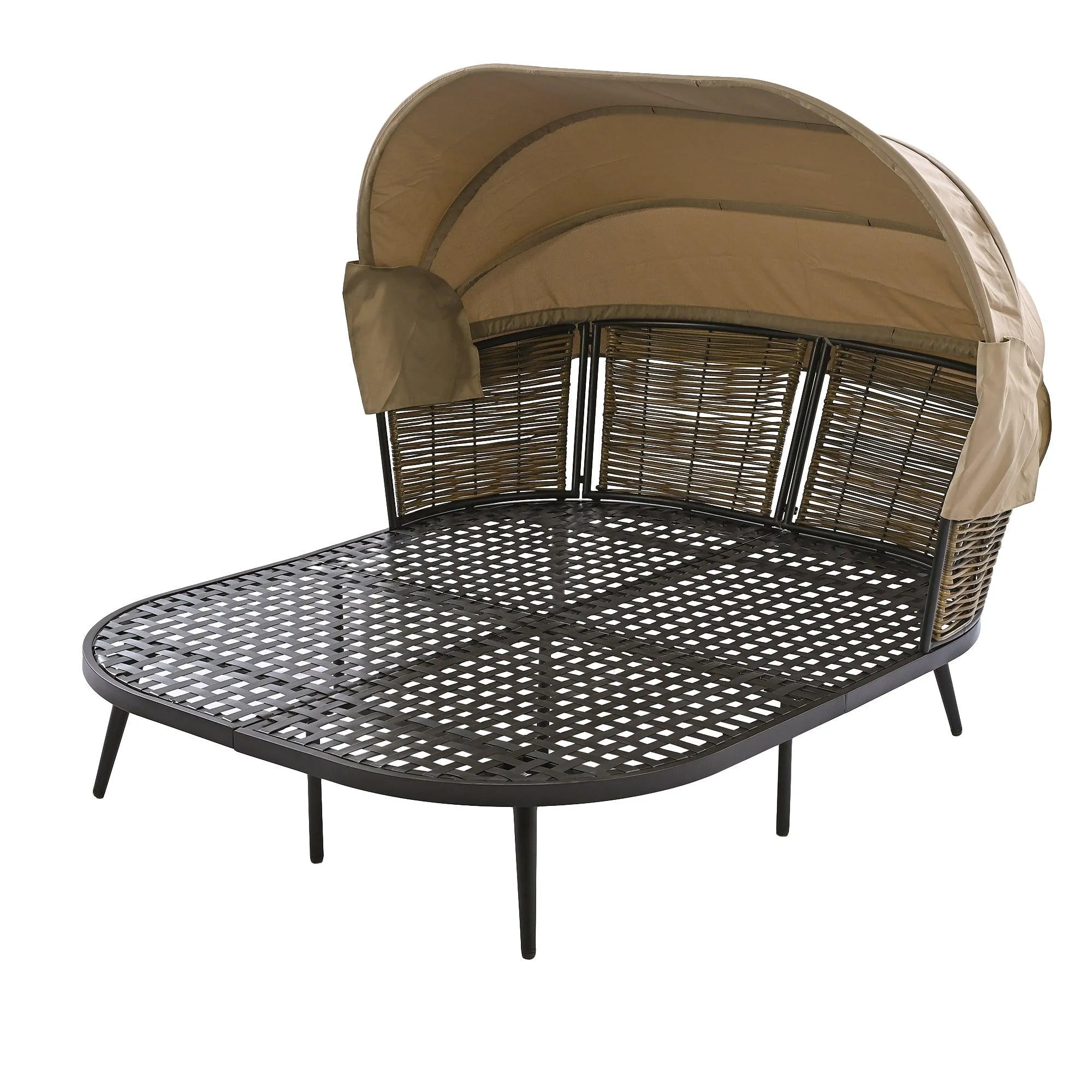 74.8" L Patio Daybed with Retractable Canopy, Rattan PE Wicker Back Loveseat Sofa Set with Throw Pillows and Cushions, Brown