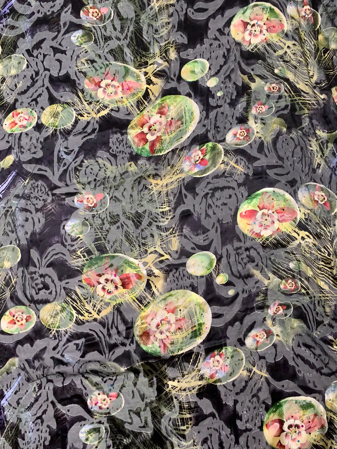 Abstract Floral Printed Silk-Rayon Burnout Chiffon with Stones - Black / Greens / Dusty Raspberry