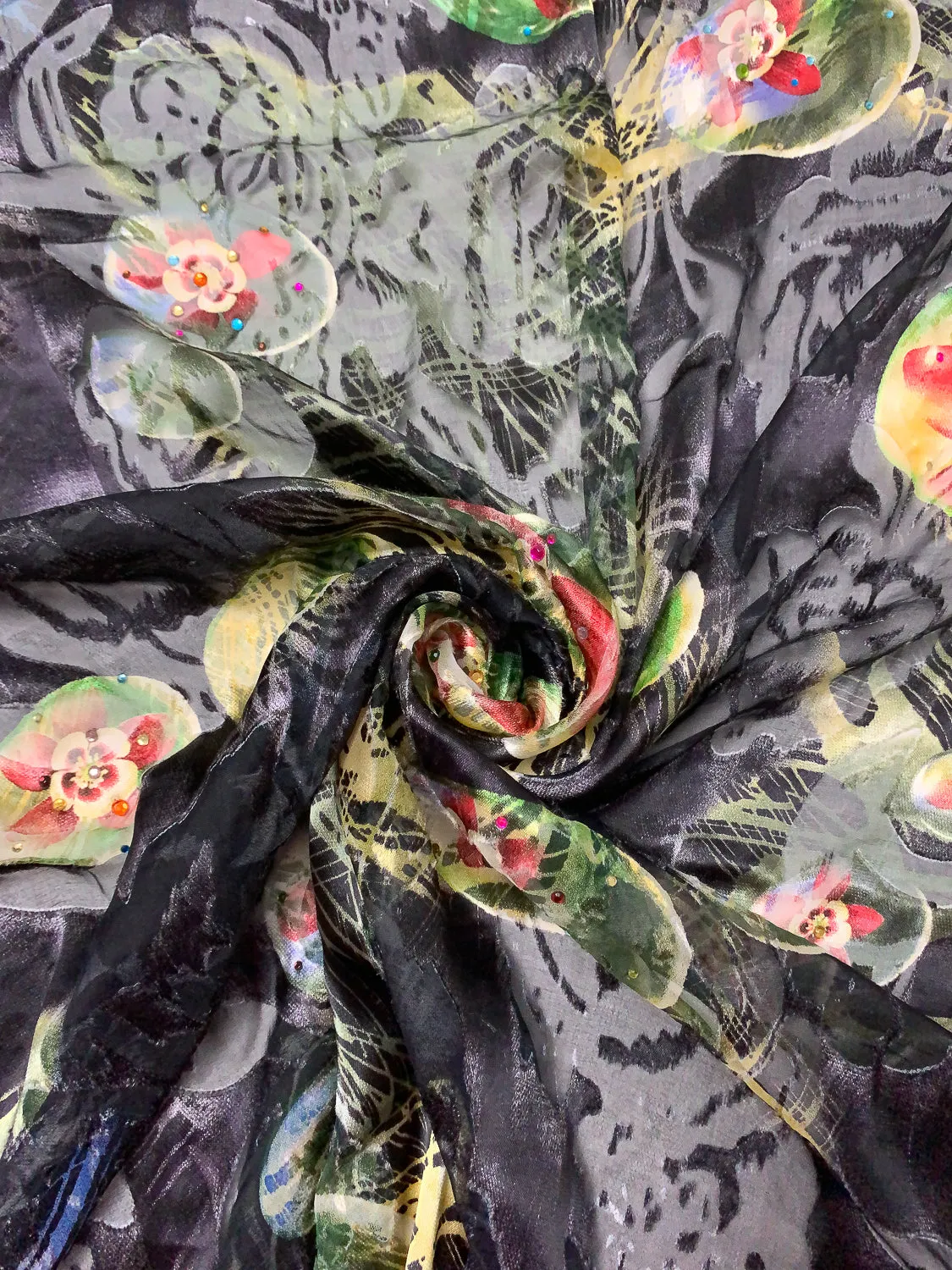 Abstract Floral Printed Silk-Rayon Burnout Chiffon with Stones - Black / Greens / Dusty Raspberry