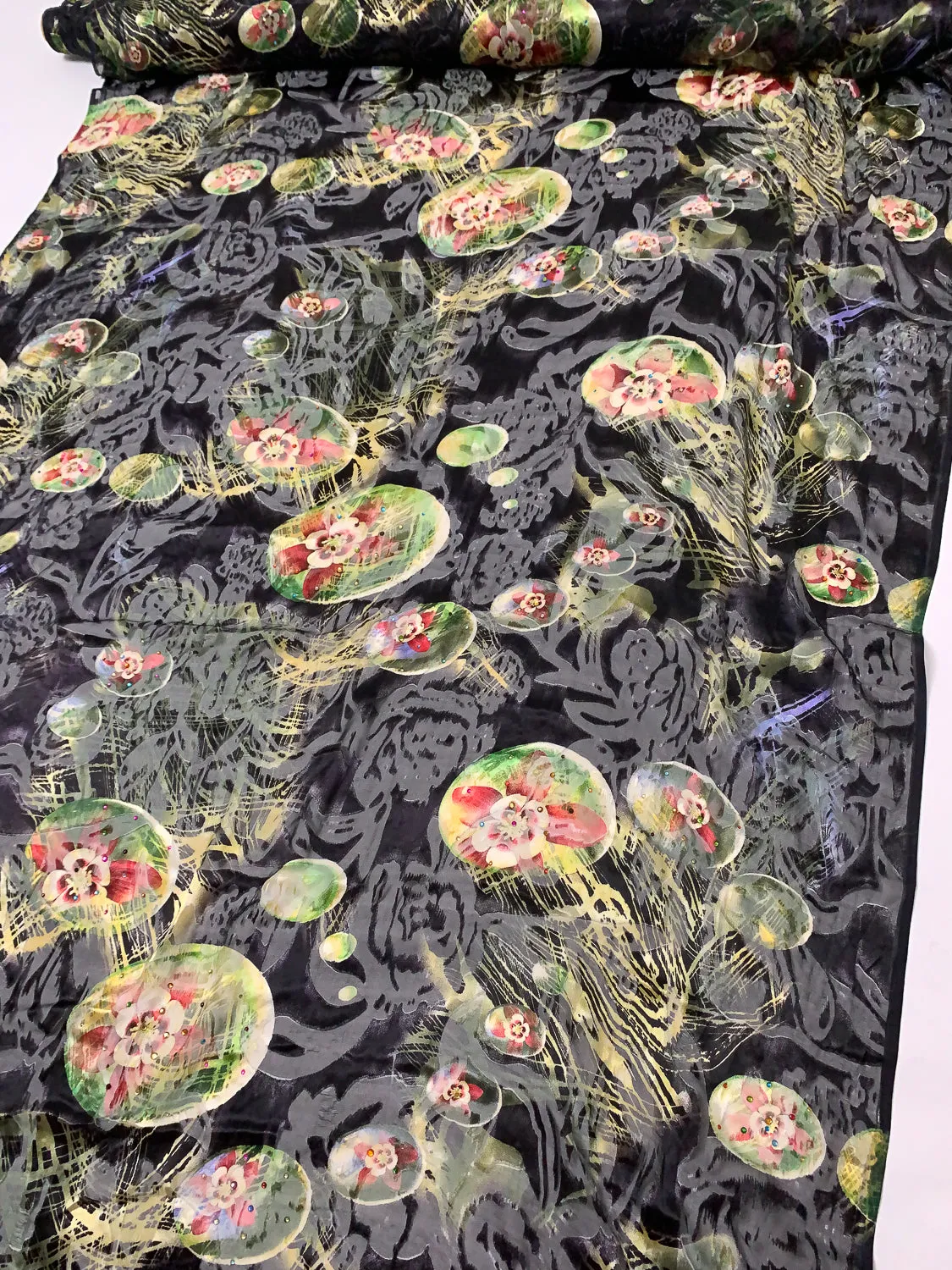 Abstract Floral Printed Silk-Rayon Burnout Chiffon with Stones - Black / Greens / Dusty Raspberry