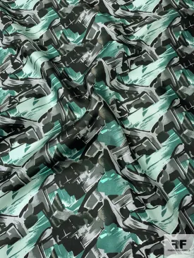 Abstract Graphic Printed Vintage Fine Silk Twill - Dusty Green / Seafoam / Black