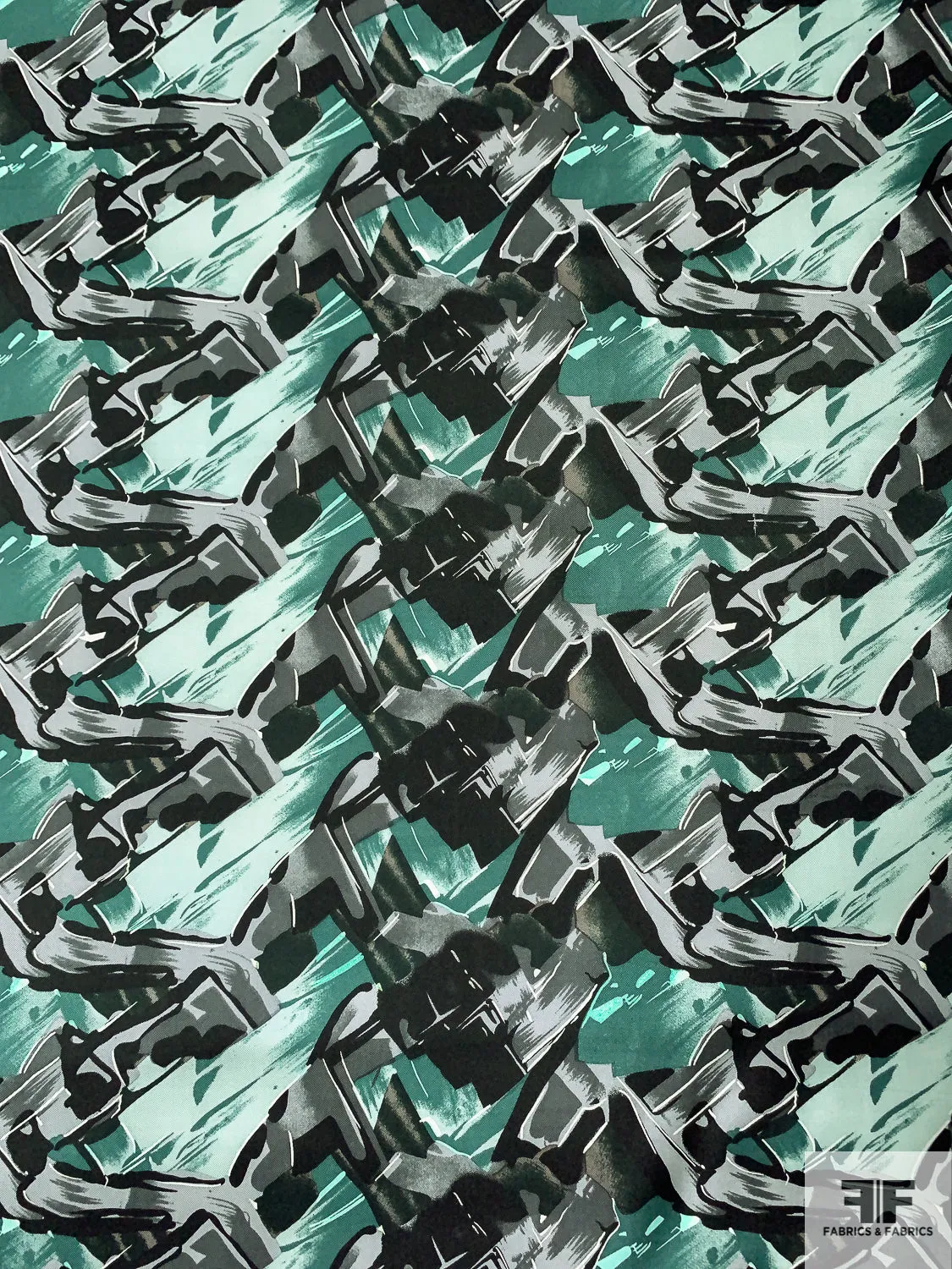 Abstract Graphic Printed Vintage Fine Silk Twill - Dusty Green / Seafoam / Black