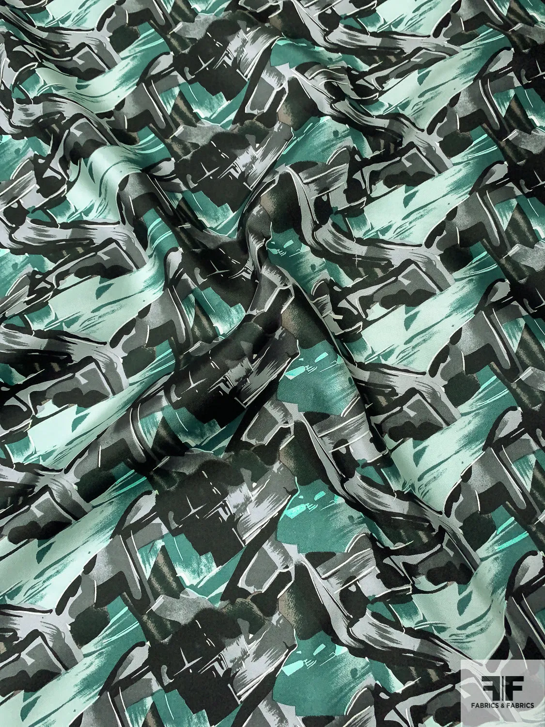 Abstract Graphic Printed Vintage Fine Silk Twill - Dusty Green / Seafoam / Black