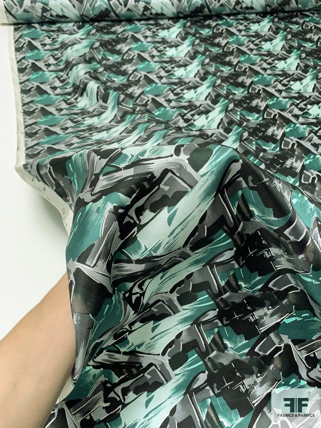 Abstract Graphic Printed Vintage Fine Silk Twill - Dusty Green / Seafoam / Black