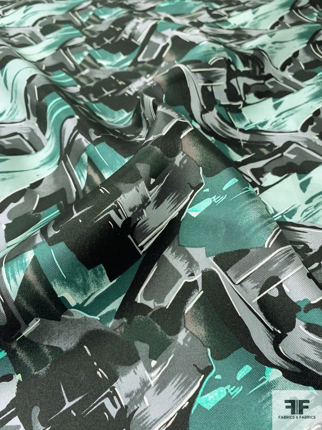 Abstract Graphic Printed Vintage Fine Silk Twill - Dusty Green / Seafoam / Black