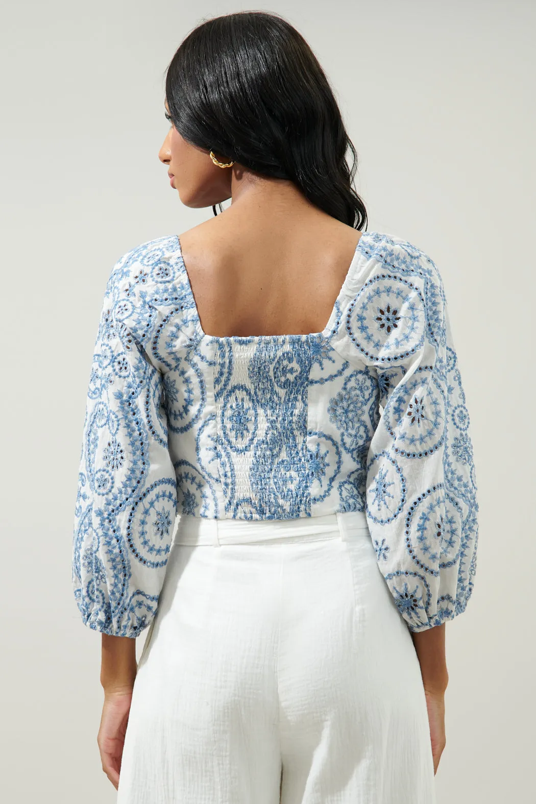 Adelaide Border Print Eyelet Square Neck Blouse